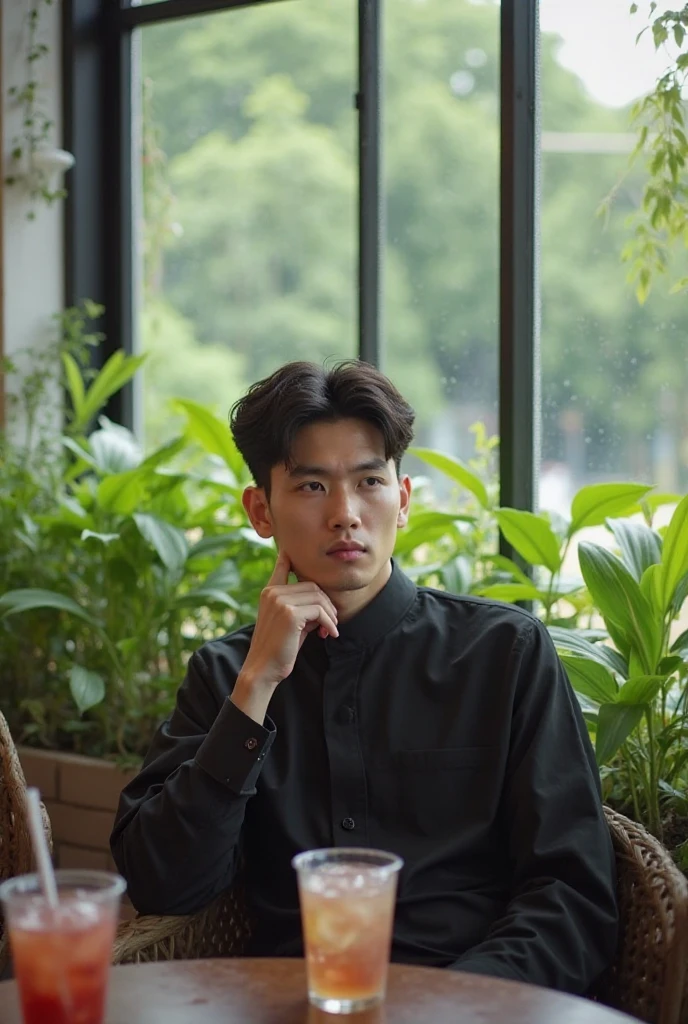 Full body, cinematic portrait of a Korean man with short curly hair sitting with a cup of coffee on a bench, Korean male fashion model wearing a flannel shirt and black t-shirt, denim jeans, handsome sitting pose in front of a glass coffee shop, sitting outside a garden-like room with aesthetic decorative lights, Bokeh background with a simple coffee shop and green trees visible from a distance, face looking at the camera