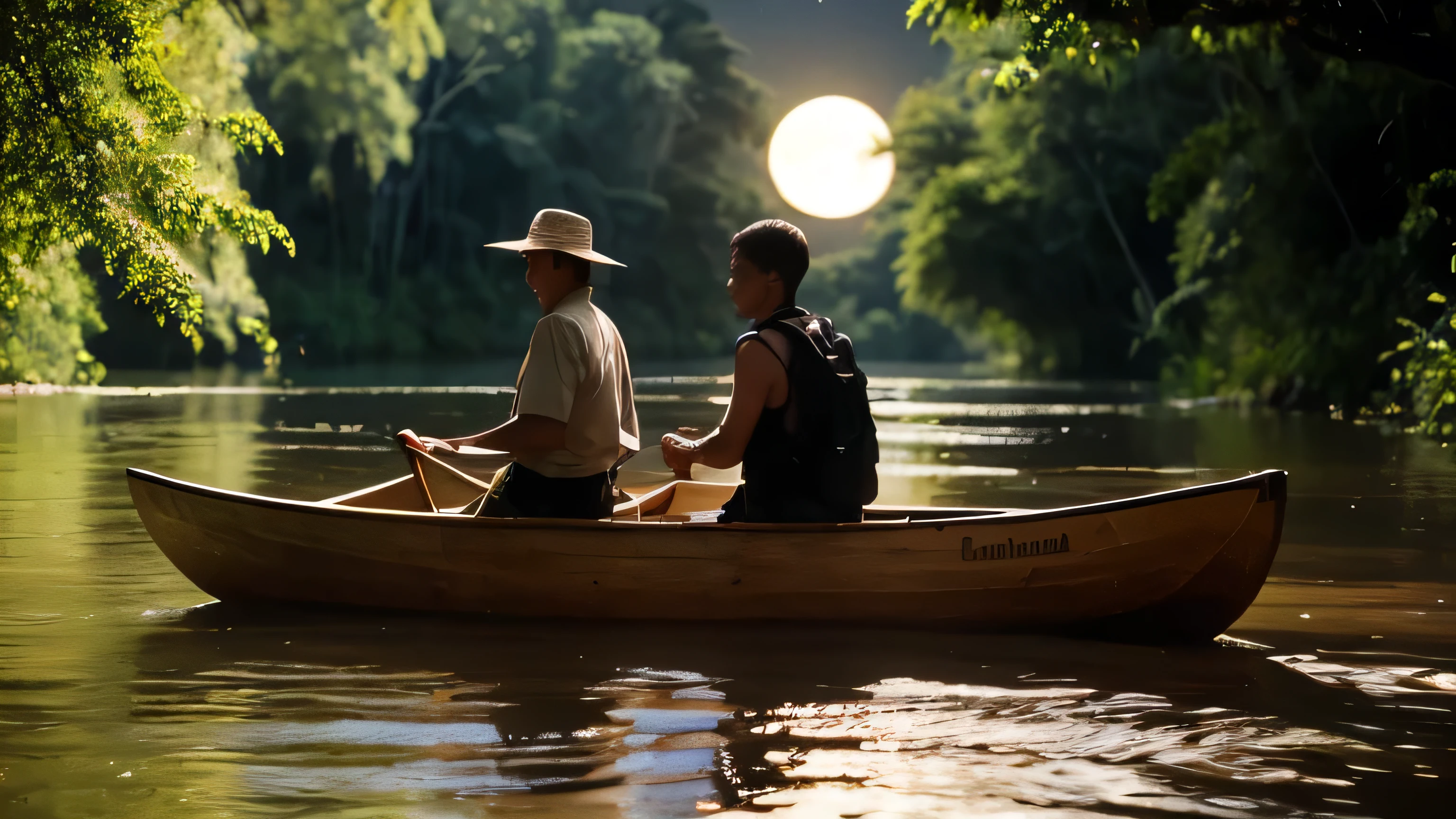 It's a full moon night. A river in the Amazon with forests on its banks. A small wooden canoe with two men, but one of them is jumping to dive into the dark waters.