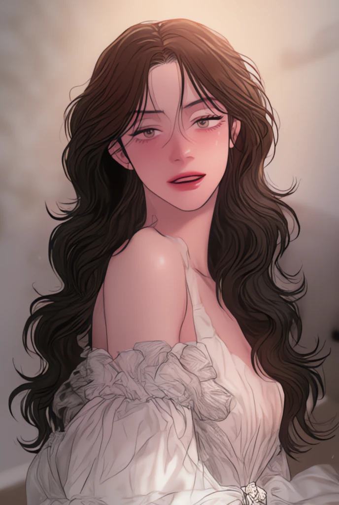 Anime style, A beautiful woman on knees, her extremely long tongue rolled around a dick, perfect breast, beautiful seductive eyes, wavy hair, high quality, detailed, elegant, sensual, chiaroscuro lighting, warm tones, anime
