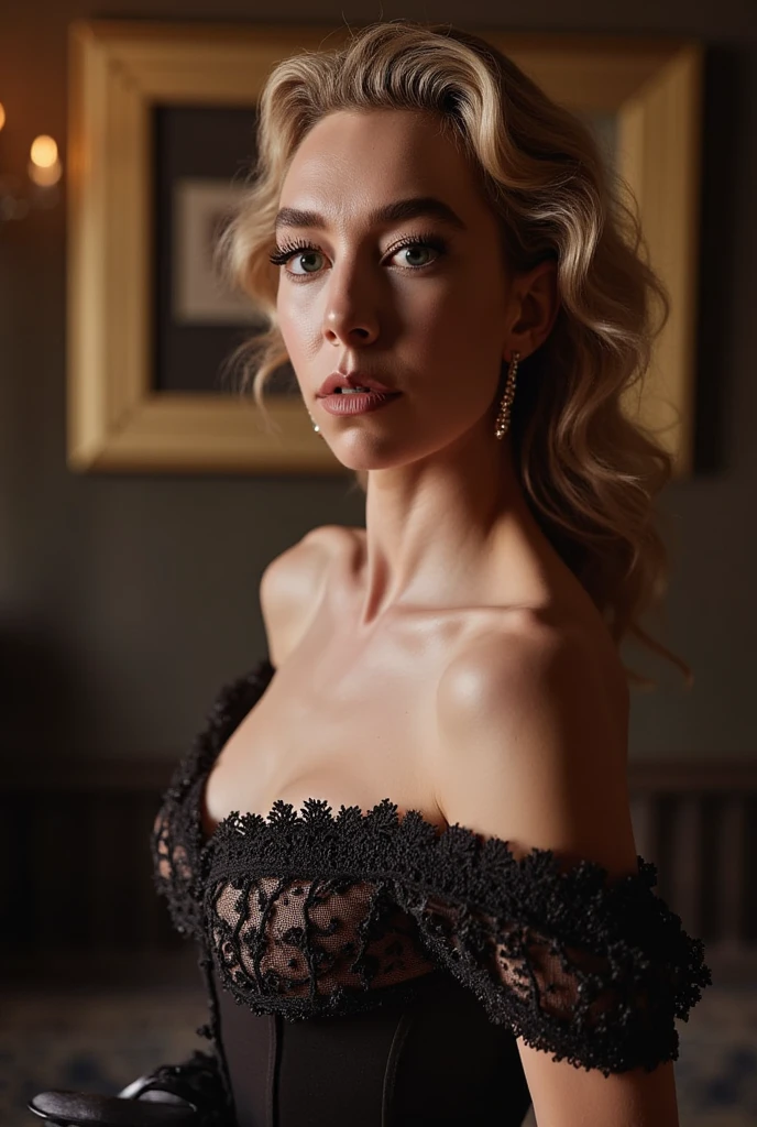 A beautiful blonde woman in an elegant pose, with brown/green eyes, blonde hair, golden necklace, Waterfall braid, in a nightclub, (best quality,4k,8k,highres,masterpiece:1.2),ultra-detailed,(realistic,photorealistic,photo-realistic:1.37),intricate details,high quality lighting,chiaroscuro lighting,moody lighting,glowing skin,flawless skin,detailed facial features,long eyelashes,full lips,expressive eyes,graceful posture,elegant black dress,shimmering dress,dramatic expression,cinematic composition,rich color palette, volumetric fog,depth of field