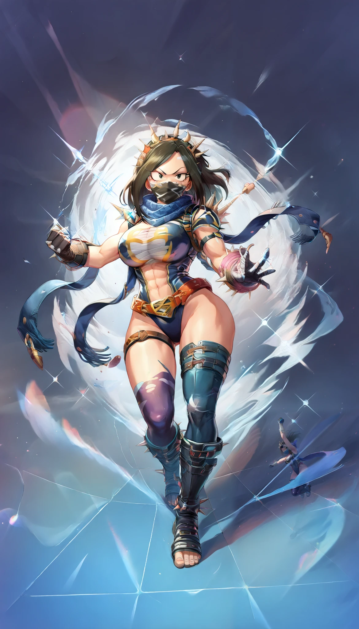 ((My Hero Academia Style)), (Mukai Takumi), The Idolmaster Cinderella Girls, (1girl) (solo), (female), (black hair), Dark Blue leather gloves, Dark Blue leather bandage mask, armor, boots, Blue scarf, (Long scarf with 2 spiked rings at the end), Light Blue bandage leather leotard, clothing cutout, Light Blue thigh strap, Dark Blue toeless leather bandage legwear with spikes, Dark Blue shoulder armor with spikes, (very proportion), (dynamic action pose), (full body photo:1.5), (perfect anatomy), (Perfect Hands), (Perfect face), (large breasts), (toned wide hips), (toned wide thighs), (slender waist), Abs, (toned wide calves), (Simple background), (super detailed), ((black hair)),
