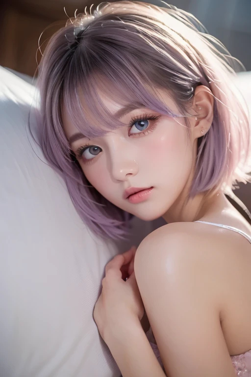 Top Quality, Masterpiece, High Resolution, 8k, (cute girl in a shiny see through pajamas with small breasts, small hips), beautiful detailed lips, extremely detailed face and eyes, side cut hair, short sleeves, shiny, transparent, see-through pajama with shorts, pixie side shaved hair, in a spaceship, on the bed