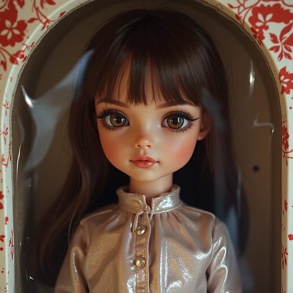 Blythe doll, short red hair, long eyelashes, more or less brown skin 