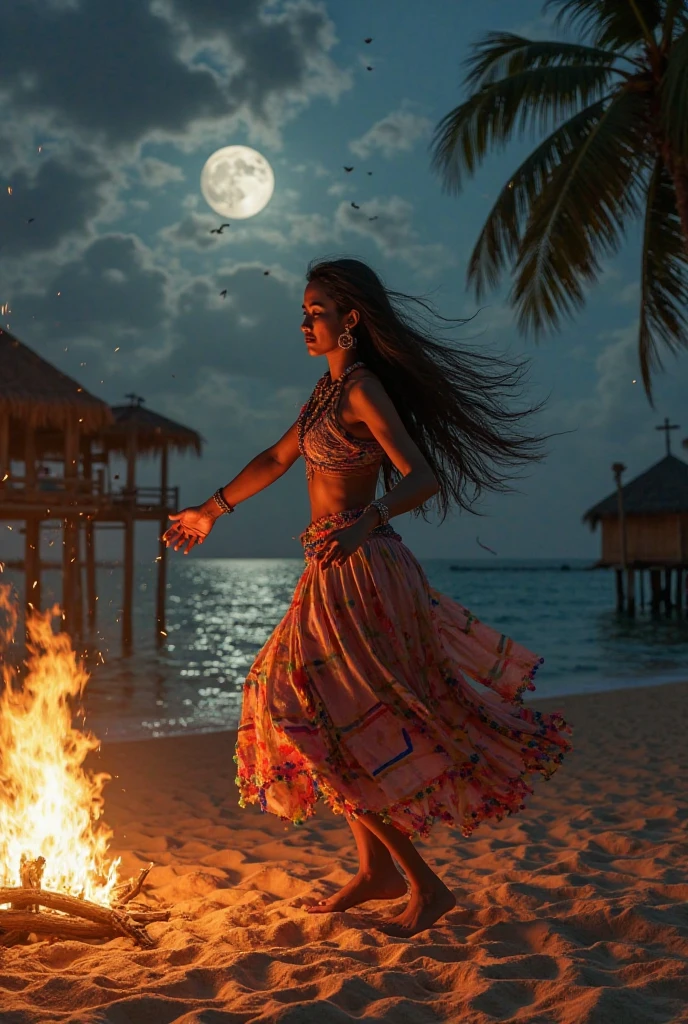 hermosa hechicera haciendo u ritual en la playa foto realista ultradetallada