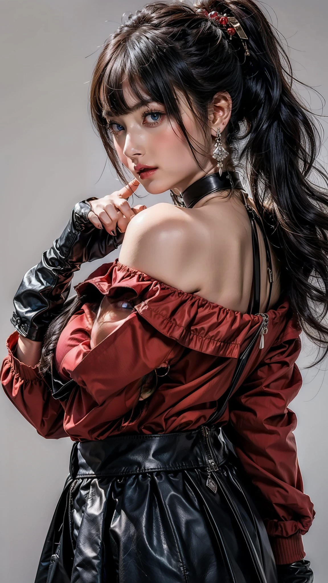 ((beautiful face)), (Purelos Face_v1: 1.0), upper body,((white simple background)),1 person, return,((Natural huge breasts:1.0)), (beautiful Japanese women),bangs, Expose your shoulders, black gloves, Blue Eyes, braiding, choker, earrings, fingerless gloves, from behind, gloves, Gray Hair, holding, jacket,  jewelry, long hair, viewers next to him, looking return, Manicure, off the shoulder,  lips parted , earrings, ponytail, red jacket, alone, upper body,[[realistic]],(Glowing Skin),(masterpiece:1.4),(Best Quality:1.4)