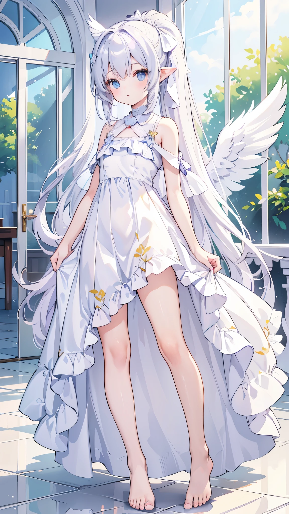 (masterpiece, best quality, ultra-detailed), angel , characteristic, steady & calm, hair color, lavender, hairstyle, straight bangs, high ponytail, hair length, mid-back-length long straight hair, eyes color, periwinkle, eyes type, rectangular eyes, ears type, eurasian eagle-owl ears, wing type, cupid angel wings, body figure, delicate, curves, soft, flat chest, angelic regalia, flowy dress, foot, barefoot, toenail, soft white toenails, hair accessory, white hair ribbon, high ponytail, lipsticks, nails, sheer peach light blue, pose, magic girl, standing, expression, calm, looking at the viewer