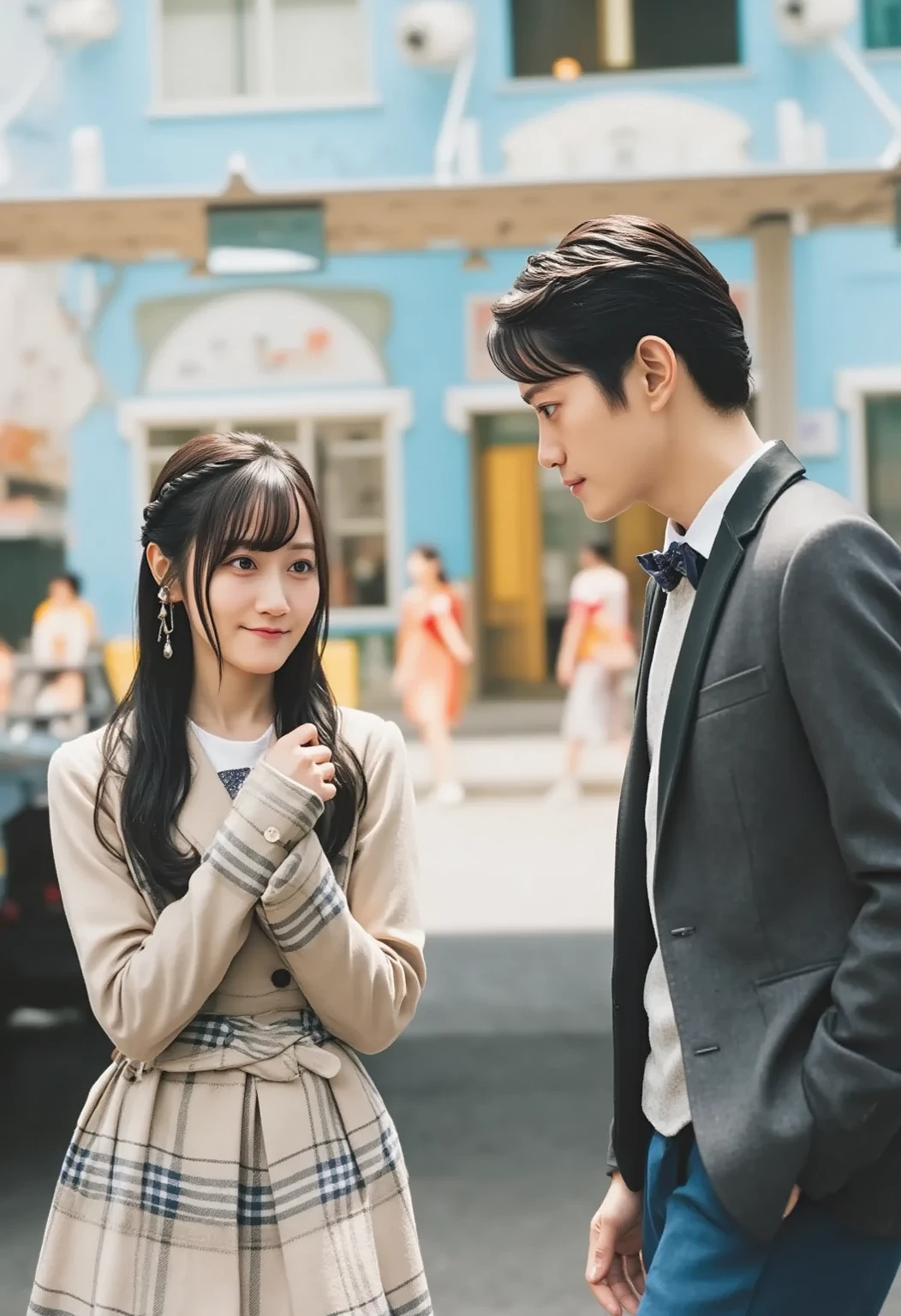 Anime man and woman stand looking at each other in a university.