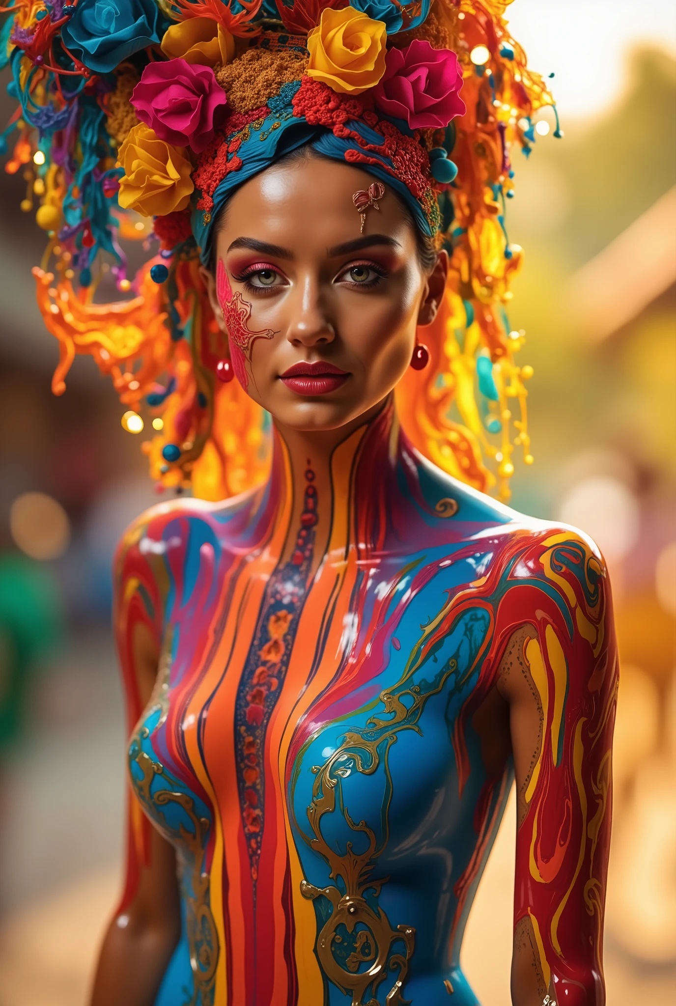 portrait of a beautiful woman, 2, (body painted with colorful paint, carnival style), realistic self portrait, 8K UHD, dslr, grain of film, Fujifilm XT3 photorealistic painting midjourney art, bright outdoor sunshine, inspired by a Brazilian.