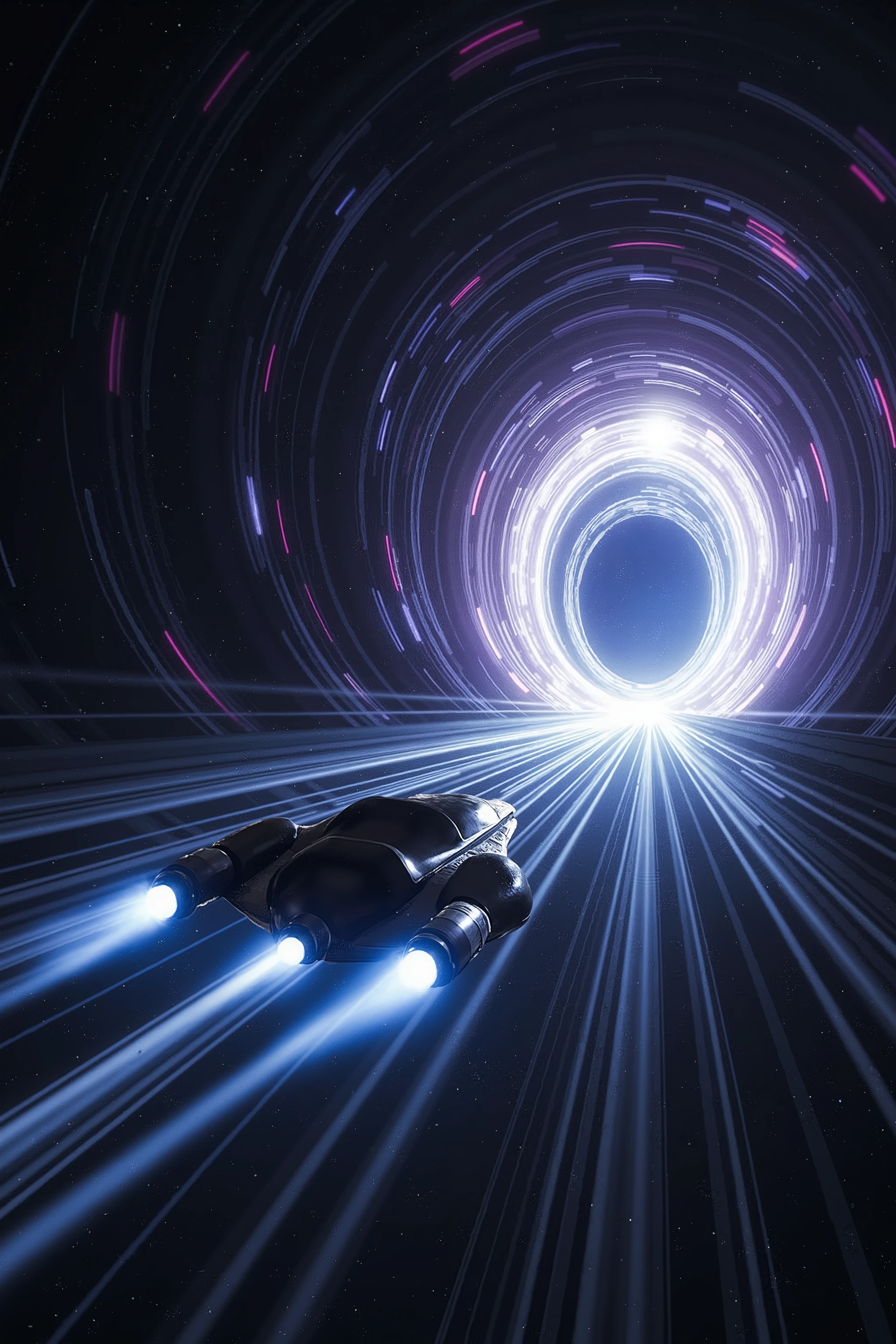 A high-quality, ultra-detailed digital rendering of a sleek, futuristic Star Cruiser approaching a glowing portal in deep space. The portal is the only source of light, casting an ethereal glow across the scene. The Star Cruiser has a smooth, minimalist design with a metallic hull and powerful blue jet thrusters, leaving a faint energy trail as it moves forward. The portal itself swirls with cosmic energy, featuring vibrant shades of blue, purple, and white, radiating a soft but intense luminescence that reflects off the hull of the ship. The surrounding space is vast and dark, scattered with distant stars barely visible against the blackness, emphasizing the isolation and mystery of the moment. Created using ultra-realistic digital painting techniques, advanced lighting effects, 8K quality rendering, and cinematic composition for a dramatic and immersive sci-fi aesthetic.
