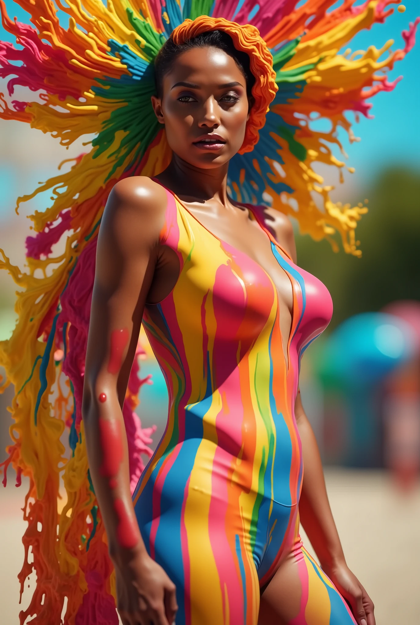portrait of a beautiful woman, 2, (body painted with colorful paint, carnival style), realistic self portrait, 8K UHD, dslr, grain of film, Fujifilm XT3 photorealistic painting midjourney art, bright outdoor sunshine, inspired by a Brazilian.