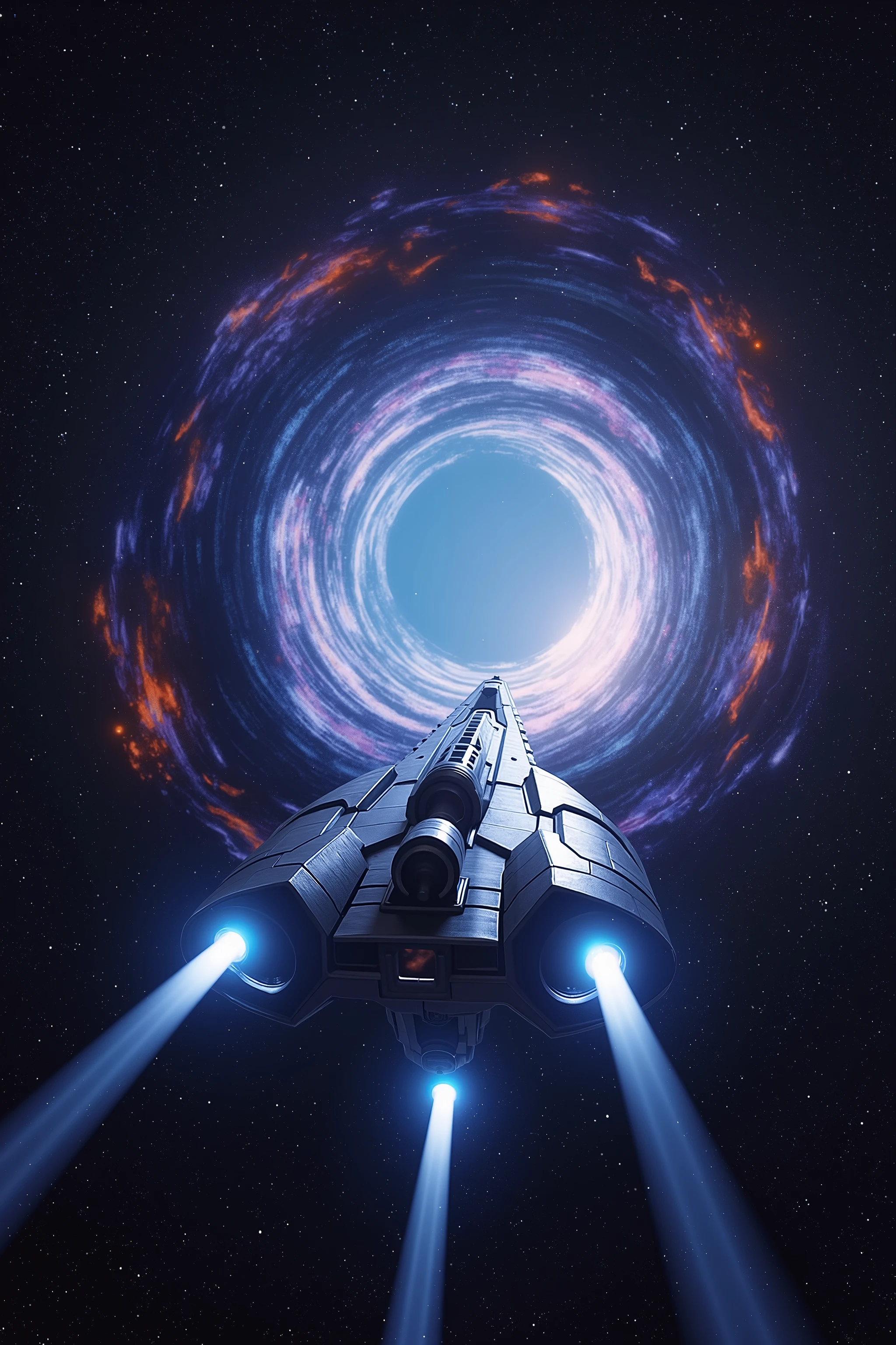 A high-quality, ultra-detailed digital rendering of a sleek, futuristic Star Cruiser approaching a glowing portal in deep space. The portal is the only source of light, casting an ethereal glow across the scene. The Star Cruiser has a smooth, minimalist design with a metallic hull and powerful blue jet thrusters, leaving a faint energy trail as it moves forward. The portal itself swirls with cosmic energy, featuring vibrant shades of blue, purple, and white, radiating a soft but intense luminescence that reflects off the hull of the ship. The surrounding space is vast and dark, scattered with distant stars barely visible against the blackness, emphasizing the isolation and mystery of the moment. Created using ultra-realistic digital painting techniques, advanced lighting effects, 8K quality rendering, and cinematic composition for a dramatic and immersive sci-fi aesthetic.