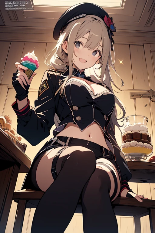 (from below:1.2),(from side:0.9), ((beautiful Face)), (Close-Up:0.6), ((looking at viewer, holding a icecream)),(Italian sweets magazine cover:1.4), highest quality、(real、photorealistic:1.5),(ultra high resolution,dark blue hair,long hair,side ponytail,hair between eyes,bangs, (beret, black jacket, cleavage:1.4, midriff, black perfect medium skirt, black thighhighs, thigh strap, fingerless gloves, single glove:1.2), (double breasted,under bust:1.2), sitting at a table, cute, visual of a cute girl, cute girl, eating cakes, young girl, guweiz, high quality anime artstyle, anime girl, artwork in the style of guweiz, beautiful girl, pretty girl, official artwork,(with sparkling eyes and a contagious smile),her thin pubic hair, looking at viewer, pose muy sexy" 