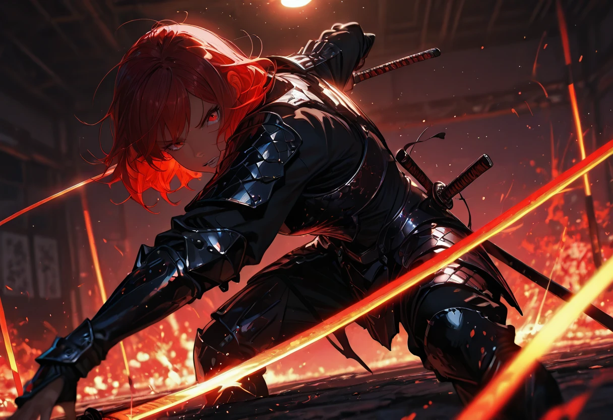 1girl, red hair, messy short hair, attacking pose, middle shot, depth of field, purple katana, dark moody atmosphere, dramatic cinematic lighting, highly detailed, hyper realistic, 8k, photorealistic, masterpiece, sharp focus, studio lighting, physically-based rendering, extreme detail, vibrant colors, cinematic, cinematography,(katana with Rune), looking at viewer, dragon armor, stylish armor,
