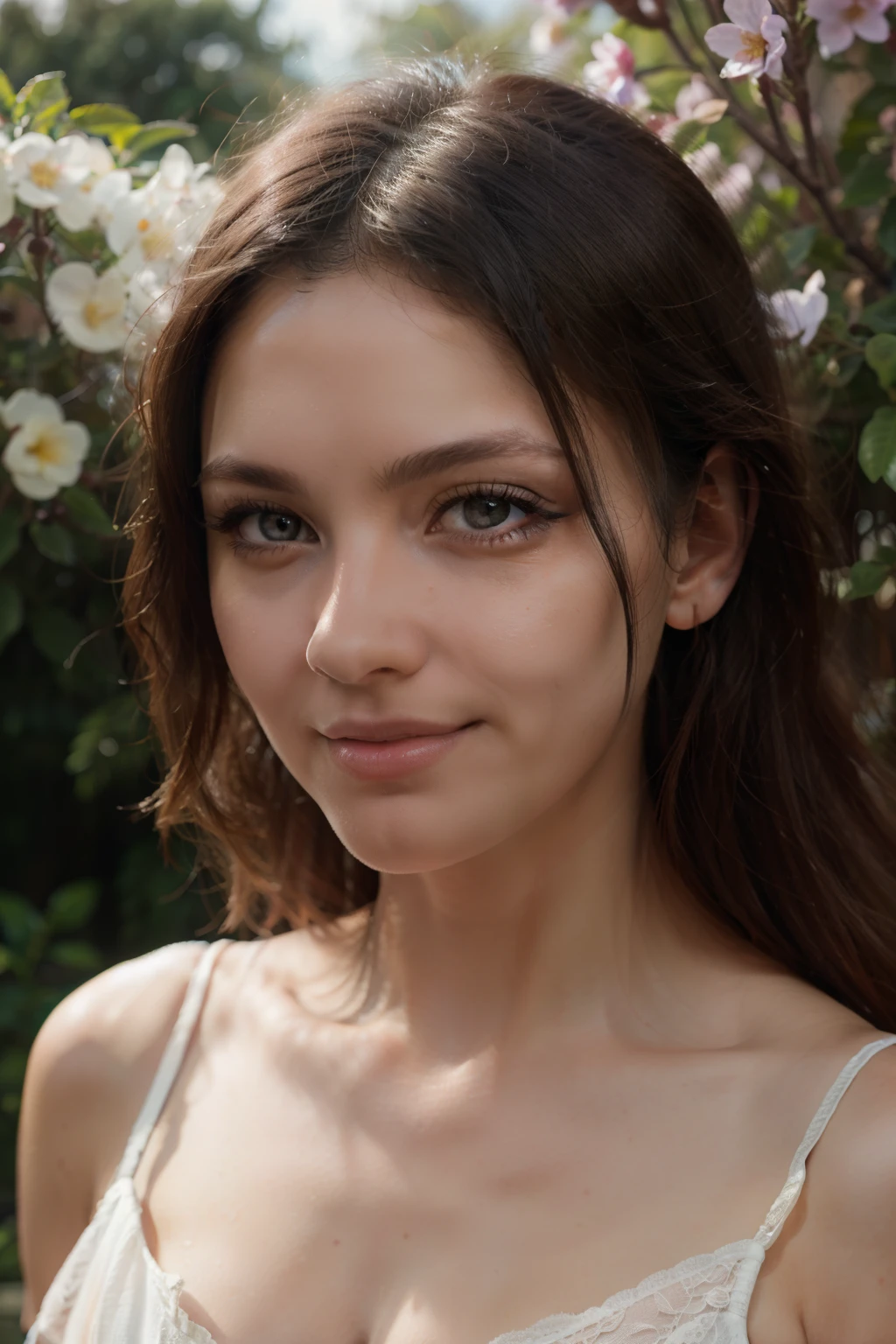 (best quality,4k,8k,highres,masterpiece:1.2),ultra-detailed,realistic,photorealistic:1.37,a beautiful white young woman smiling(23years old),(Excella_re5),(irene1),tall and slender body,(192cm tall),beautiful detailed eyes,beautiful detailed smily lips,extremely detailed eyes and face, perfect face, longeyelashes,((transparent underwear)),dark and straight hair, imperfect skin, (textured skin, skin pores:1.1), (moles:0.8), portraits,(sharp focus:1.5),vivid colors,studio lighting,soft and warm color tones,ethereal lighting,colored backgrounds,dreamy atmosphere,thin and delicate figure,gently flowing hair,sexy posture,serene ans sensual expression,pastel color palette,feminine appearance,flower garden,warm sunlight filtering through trees,peaceful and calm ambiance,birds chirping in the background,delicate floral patterns on her dress,light summer breeze,subtle blush on her cheeks,tender and confident gaze,embodying elegance and beauty