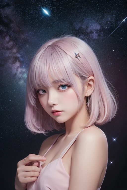(8k high quality), (2d high quality), (high anime quality), (rs old beautiful young girl), (beautiful face), (shining, short pink hair), (galaxy blue eyes, almond shape eyes), (shining smooth skin), (beautiful thin eyebrow), (beautiful wristwatch), (beautiful silver necklace with heart pendant), (beautiful white school uniform)