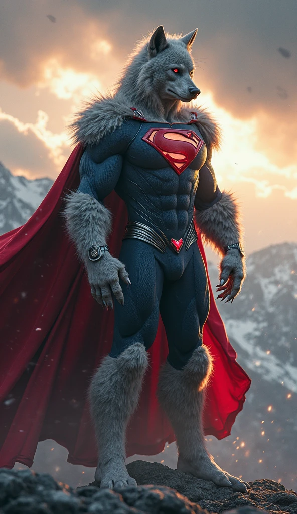 a brown wolf, solo, muscular, wearing blue bodysuit, supermen spandex costume, red cape, red speedo, red boots, by chunie