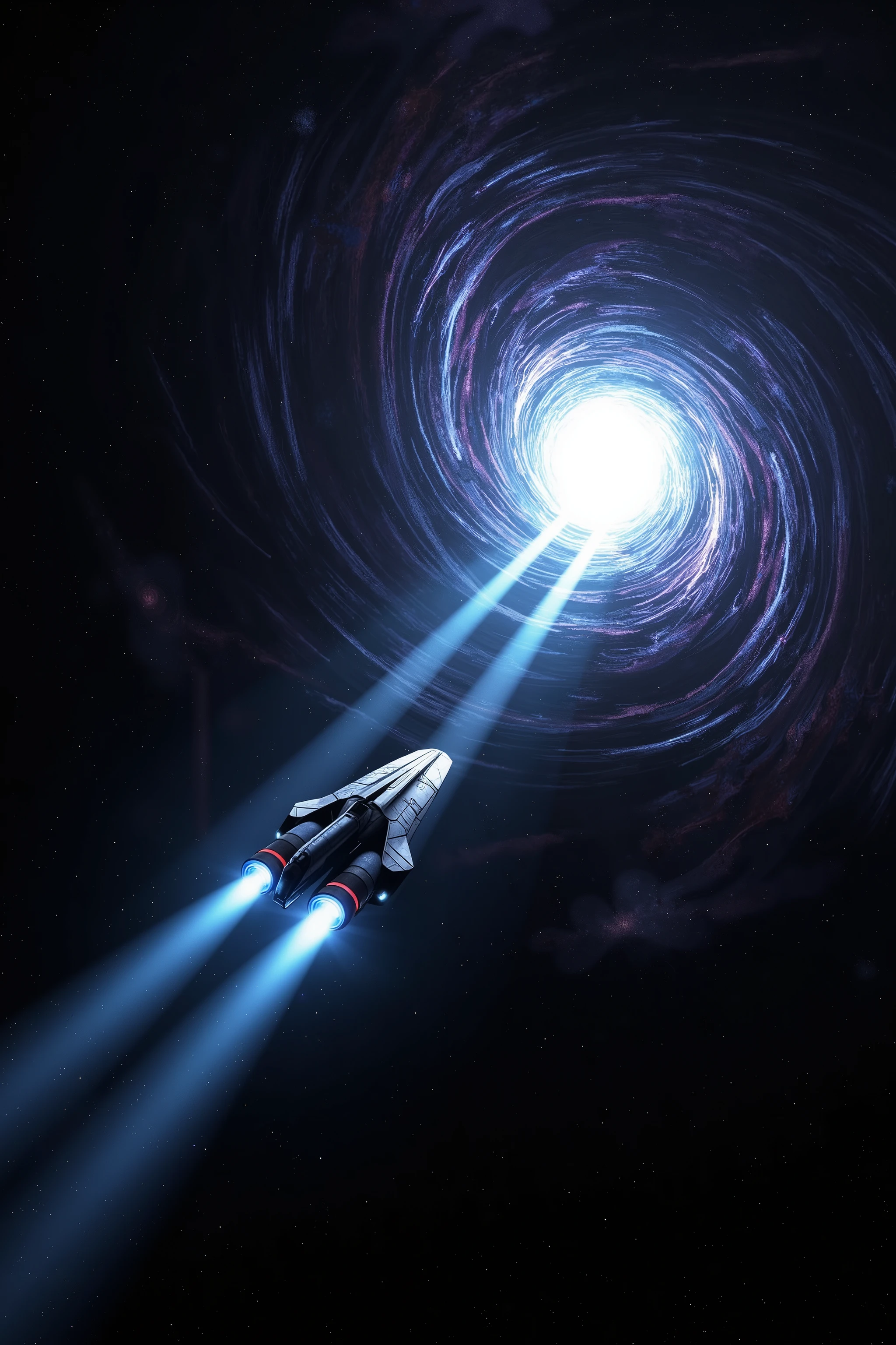 A high-quality, ultra-detailed digital rendering of a sleek, futuristic Star Cruiser approaching a glowing portal in deep space. The surrounding space is almost entirely black, with only a few faint stars visible, emphasizing the vast emptiness. The portal is the only significant light source, glowing with intense brightness in swirling shades of blue, purple, and white, casting a radiant halo across the scene. The Star Cruiser has a smooth, minimalist design with a metallic hull, subtly illuminated by the portal's energy. Its powerful blue jet thrusters leave a faint energy trail, contrasting against the extreme darkness. The portal’s glow is dramatically more vibrant, enhancing the cinematic contrast between light and shadow for a striking, immersive sci-fi aesthetic. Created using ultra-realistic digital painting techniques, advanced lighting effects, 8K quality rendering, and a high-contrast composition.