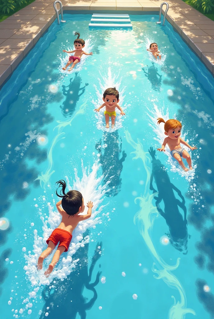 Four girls, in a big swimming pool, under the net, white, beautiful, charming,