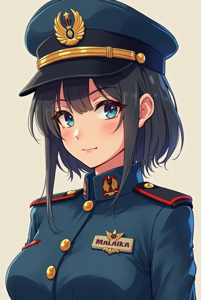 pfp of a manga girl art(just face and a bit part of below neck) in pakistan airforce uniform(navy blue), write the name "malaika on the name plate)