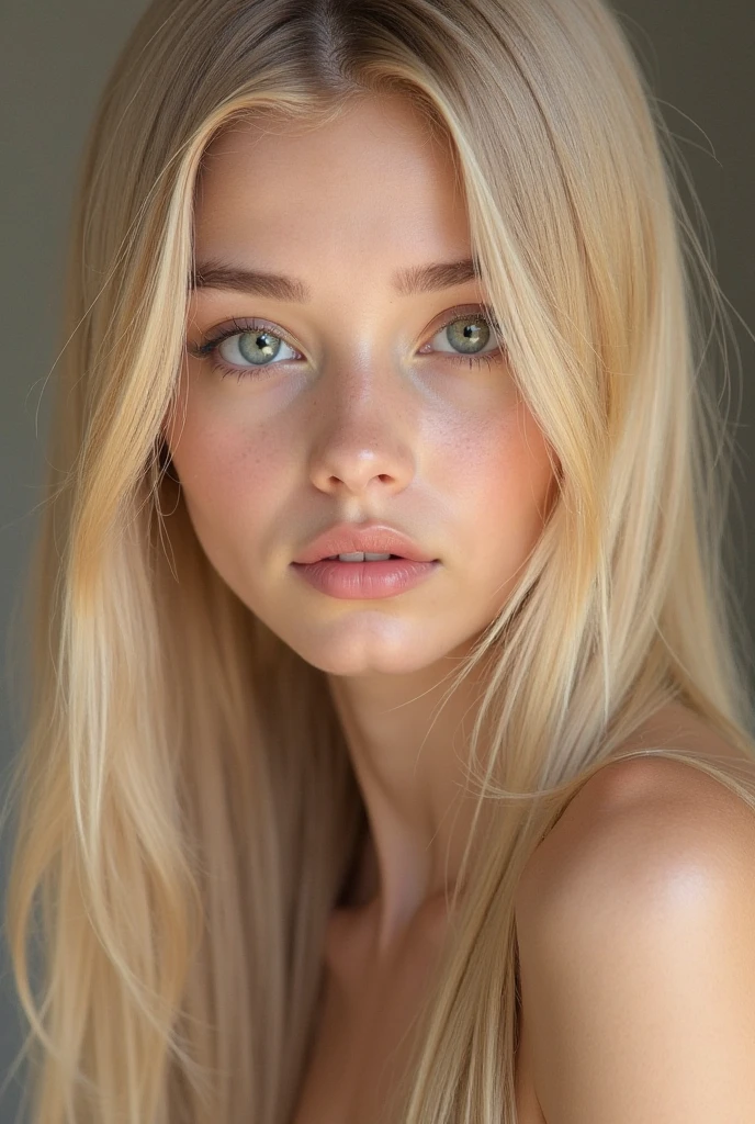 a beautiful 20 blonde girl with green eyes, long blonde hair, sitting on her bed, taking a cute selfie picture, perfect body proportion, wearing nothing, detailed facial features, flawless skin, natural lighting, warm tones, 1girl, detailed face, masterpiece, detailed eyes, detailed lips, beautiful skin, natural lighting, warm colors, bedroom, bed, iPhone, selfie photo