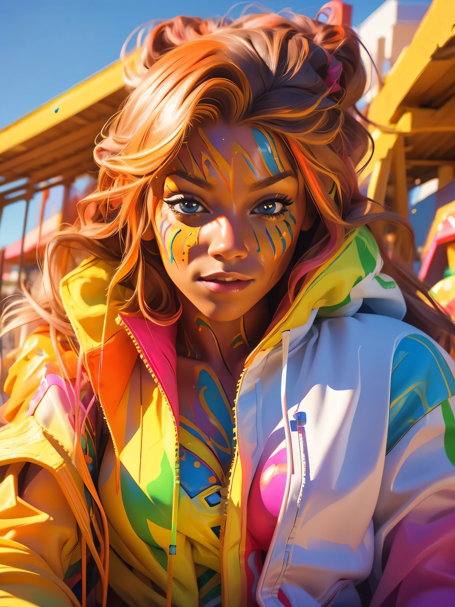 portrait of a beautiful woman, 2, (body painted with colorful paint, carnival style), realistic self portrait, 8K UHD, dslr, grain of film, Fujifilm XT3 photorealistic painting midjourney art, brought outdoor sunshine, inspired by a Brazilian. Fistevens