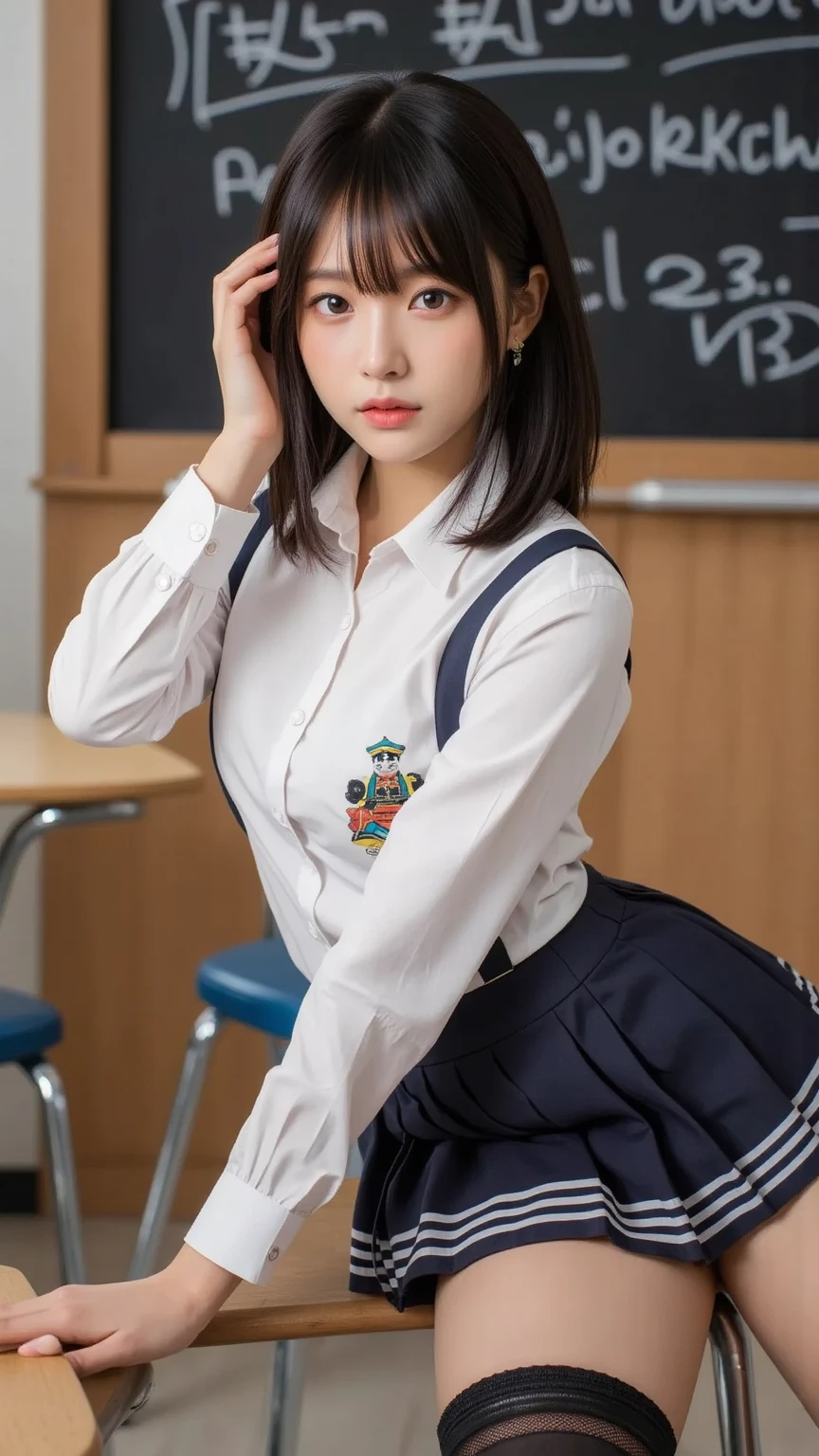 (8k), (highest quality: 1.2), (Realistic), (Realistic: 1.37), Ultra-high resolution, 1 girl, cute, Shiny skin,(Blushing:1.2),smile, Mouth closed, Beautiful details, Beautiful Nose, whole body, Wet Hair, Short Bob Hair,Giant Dulcefo, pork,Navel exposed,(school uniform:1.4),A simple blazer,(Pleated skirt:1.2),Sit on a chair, (shiny pantyhose:1.2),jk