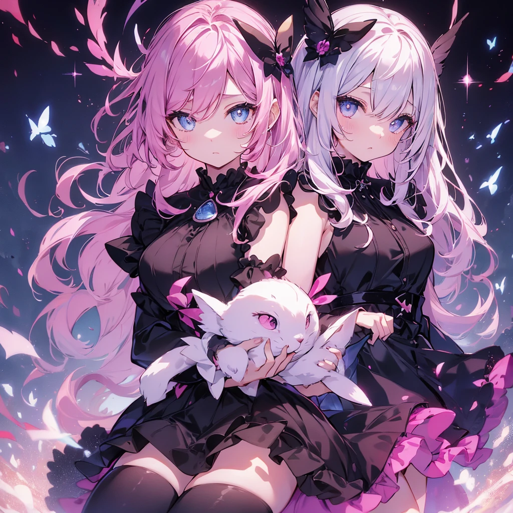 "Twin prostitutes, Insert the penis into the vagina and move your hips, Sporting a frilly bunny suit, With voluminous hair, Cat Minis, Unique egg accessories, Beautiful dark skin tones, Create mesmerizing 3D rendering masterpieces in a surreal way "sabattier effect", Surrounded by a resonant atmosphere, Decorated with elegant horns, Gothic Lolita style exudes immeasurable cuteness."