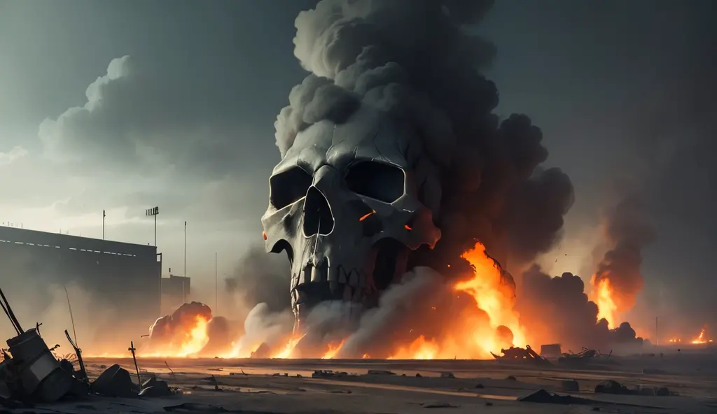 ((best quality)), ((masterpiece)), (detailed), world war 3, dark ambient, smoke, flames, fog, destroyed equipment, dead bodies, burned bodies, skulls