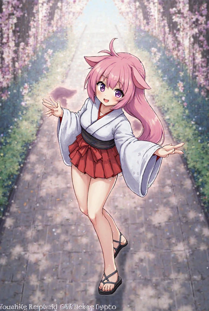 Absurd, Furry, The female is fluffy, A girl, full - body, kemono, cat tail(Light pink tail.), cat ears(Light pink ears.), Hair on the skin(Light Pink), long-haired(Hair straight and fluffy.), (rose hair), Heterochromia(One eye is green., One eye is blue.), red face, Big smiling mouth, Japan, Shirt(white kimono), Watch the fireworks, frontal view, Cherry trees, Tha served