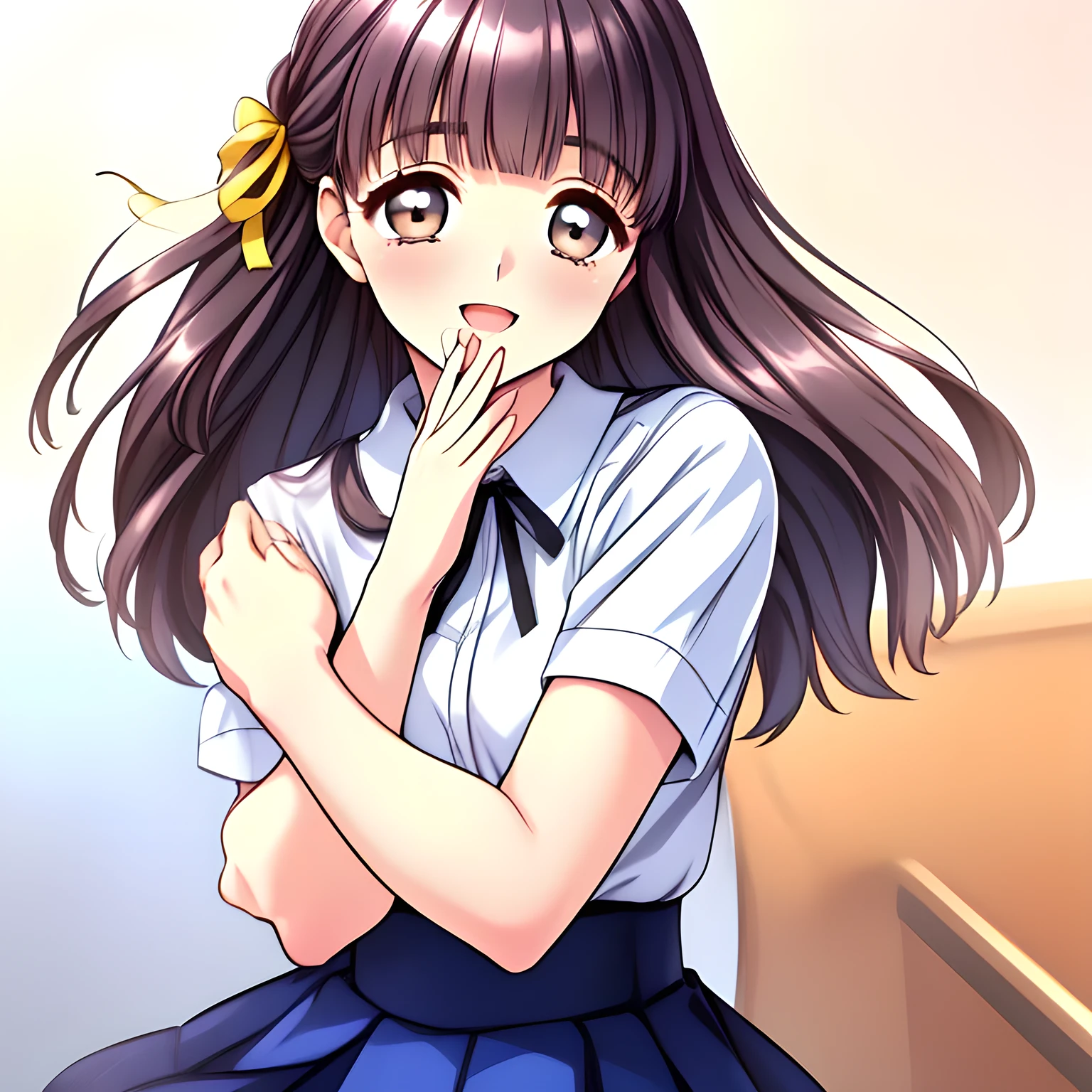(highest quality, masterpiece:1.2), highest quality, High resolution, 1080p, 8K, (A beautiful pretty noble girl of (love-story comic heroines) is seated in a train cabin, hypnotizing me by their neat beauty, ((looking me up, and requesting me hug and kiss with highest laughter at the side)), (intelligent and perfectly balanced slender style), (long neck), neat & clean, in peace and neat lovely strong charm, cutely tilted head, 8), (Too noble beautiful lady like a love-story comic heroine), (laughing like watching a comedy), A very lovely, very noble, pretty and pure beautiful girls. ((neat innocent ears)), ((white grown face)), Using expensive whitening cosmetics by cosmetics artist: 1.2), Glossy lips, (curled) bangs, (Too beautiful blue fascinating shiny (double-lidded) (brown eyes) with love to the viewer, ((deep upper girly eyelid)), ((huge eye pupils)), laughing with detailed clearly: 1.5), (Dark blue vest school uniform, (Neat smart (white school frilled blouse))): 1.8), (A very neat, ((realistic), (dark-blue) pleated blue school (beautifully checkered) skirt): 1.6), (too pretty shiny big (red realistic school ribbon tie)): 1.5), (Shiny love-story heroine lips, extremely laughing open mouth: 1.0), ((amazingly beautiful black bobbed wavy hair is blowing in the wind: 1.5)), (Hair Ribbon ties (black hair), The ribbon is big and very pretty), (Tight waist, slender: 1.5), (The background is (plain black space) to emphasize their fascination: 1.8), (The lady knows well about the viewer's super fetishism for school uniforms, and satisfies it completely in the viewer's lewd dream: 1.7), (Gorgeous atmosphere In a train limited for beautiful girls bound for girl's school directly early in the morning: 1.5), (Everything is organized to have strong effect of hypnosis for the viewer to fall into happy dream with many beautiful girls: 1.5), (The viewer must be transferred to the world of only beautiful girls right now when he sees the eyes of girls in this picture: 2)