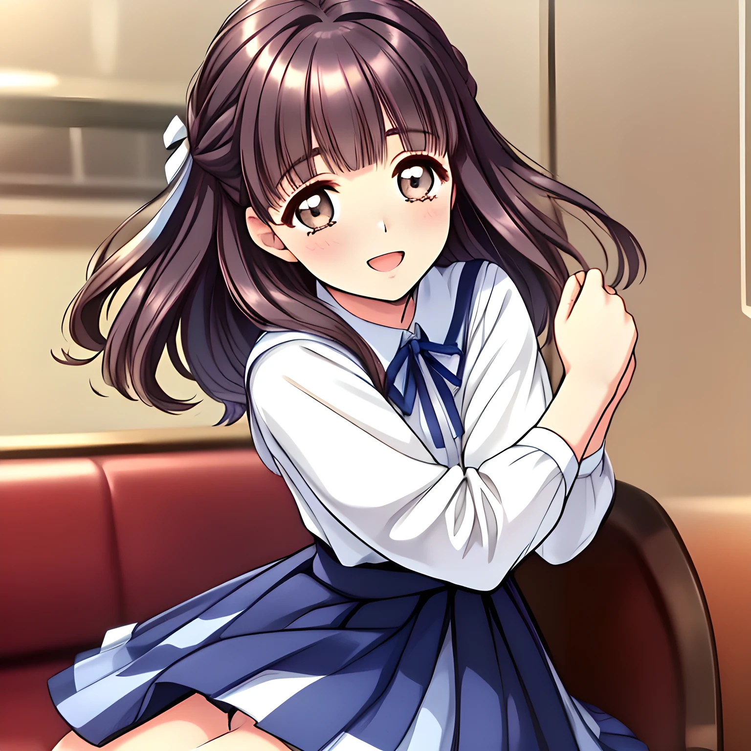 (highest quality, masterpiece:1.2), highest quality, High resolution, 1080p, 8K, (A beautiful pretty noble girl of (love-story comic heroines) is seated in a train cabin, hypnotizing me by their neat beauty, ((looking me up, and requesting me hug and kiss with highest laughter at the side)), (intelligent and perfectly balanced slender style), (long neck), neat & clean, in peace and neat lovely strong charm, cutely tilted head, 8), (Too noble beautiful lady like a love-story comic heroine), (laughing like watching a comedy), A very lovely, very noble, pretty and pure beautiful girls. ((neat innocent ears)), ((white grown face)), Using expensive whitening cosmetics by cosmetics artist: 1.2), Glossy lips, (curled) bangs, (Too beautiful blue fascinating shiny (double-lidded) (brown eyes) with love to the viewer, ((deep upper girly eyelid)), ((huge eye pupils)), laughing with detailed clearly: 1.5), (Dark blue vest school uniform, (Neat smart (white school frilled blouse))): 1.8), (A very neat, ((realistic), (dark-blue) pleated blue school (beautifully checkered) skirt): 1.6), (too pretty shiny big (red realistic school ribbon tie)): 1.5), (Shiny love-story heroine lips, extremely laughing open mouth: 1.0), ((amazingly beautiful black bobbed wavy hair is blowing in the wind: 1.5)), (Hair Ribbon ties (black hair), The ribbon is big and very pretty), (Tight waist, slender: 1.5), (The background is (plain black space) to emphasize their fascination: 1.8), (The lady knows well about the viewer's super fetishism for school uniforms, and satisfies it completely in the viewer's lewd dream: 1.7), (Gorgeous atmosphere In a train limited for beautiful girls bound for girl's school directly early in the morning: 1.5), (Everything is organized to have strong effect of hypnosis for the viewer to fall into happy dream with many beautiful girls: 1.5), (The viewer must be transferred to the world of only beautiful girls right now when he sees the eyes of girls in this picture: 2)