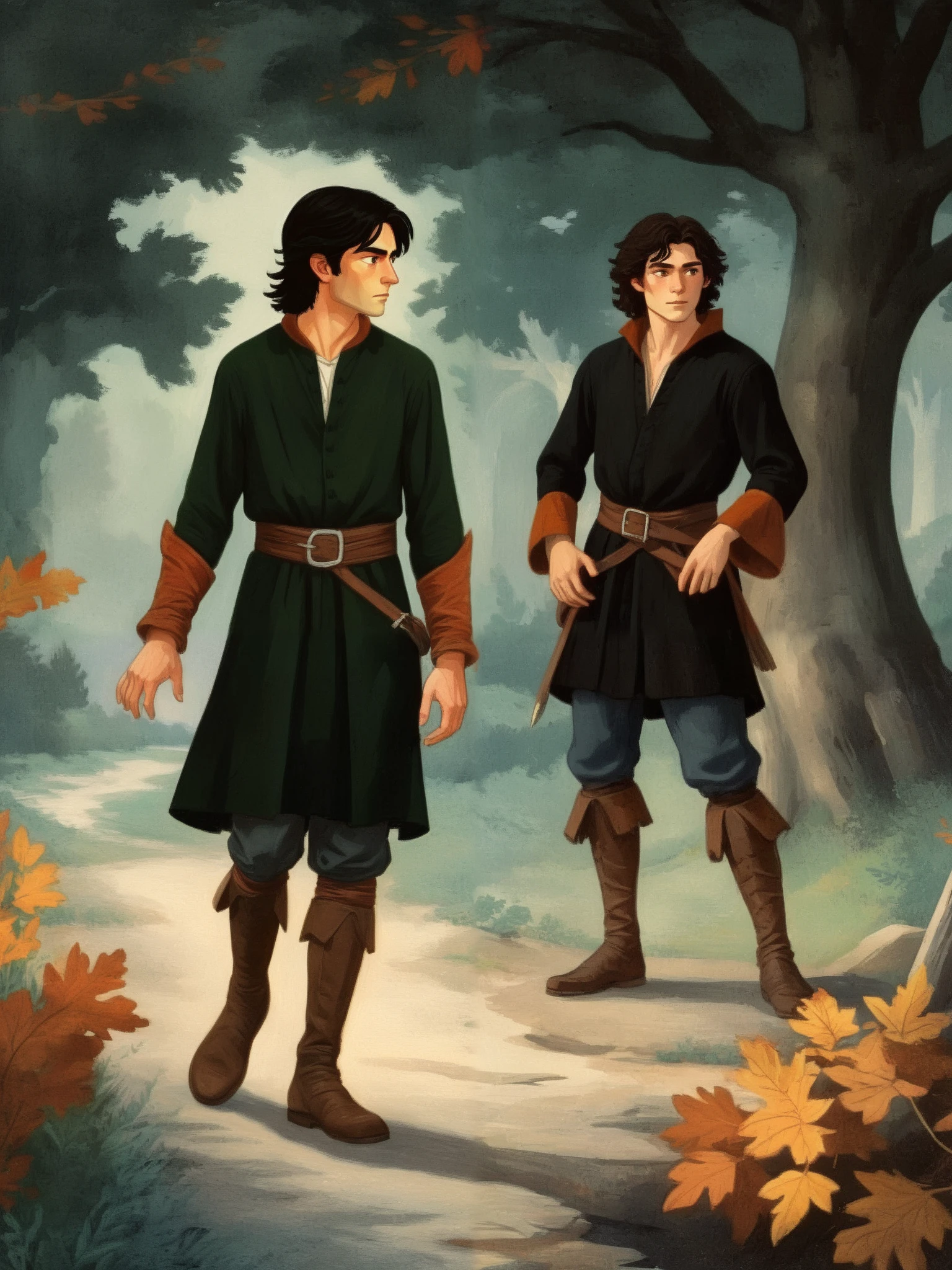 score_9, score_8, score_7, score_8_up, score_7_up, 1boy, solo, worried expression, looking down, handsome elf, masculine features, long black messy hair, hyper dynamic pose, wearing a black peasant medieval tunic, wide shoulders, tall lean body, portrait painting, flat shading, emotional scene, neon highlights, cartoon, in gougoupaintleaves style:1.5, cartoon, illustration, sketch, sketch lines, gouache painting, full body shot, focus on face, dynamic angle:1.5, illustrStyle, novuschroma57 style cartoon, novuschroma style, pastels on black