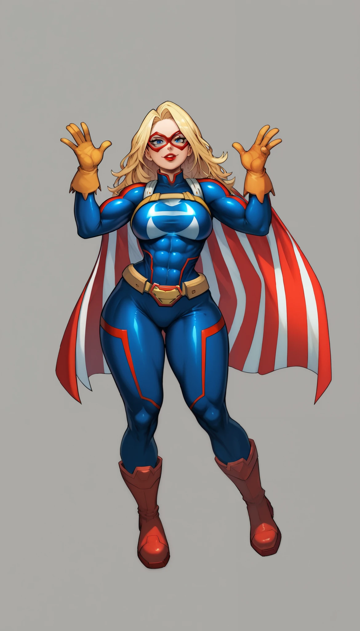(My Hero Academia Style), (High Quality), 1Girl, Solo, Anthro, (Mature woman), ((white skin)), (red lipstick), (haughty expression), (blue eyes), (blond hair), (long hair), (American flag themed hero suit) (navy blue skin-tight hero suit with red lines), (Full Body Hero Suit), (American Flag Cape), (Hero Suit with Cape), (Tight Fit Hero Suit), (Golden gloves and boots), (gold belt with a U logo on the buckle), (medium breasts), (wide calves), (wide hips), (wide thighs), (slender waist), Abs, (perfect anatomy), (perfect hands), (super detailed), (simple background) ((Perfect face)), (Red domino mask with white eyes), (Red domino mask), ((eyewear)), (looking at viewer), (full body photo:1.5),
