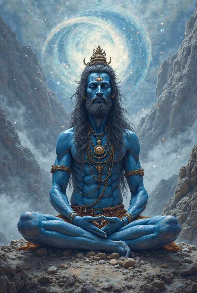 Create a woodcut style image digital art surreal art that depicts a mystical figure with divine characteristics, the figure is one chosen by the gods of spirituality,the figure is shrouded in clouds looking at the planets and ancestral signs,figure practices the art of meditation, Use a vibrant color palette, including blue, oranges and whites, to create heavenly contrast and a stunning visual effect