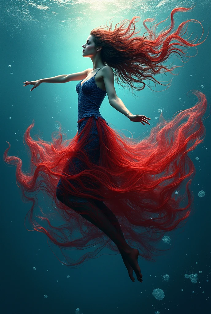 Photoshop Water Art, Sea Like Jelly, Bloody Ocean, Surreal Water Art, Red Fluid, Water Art Manipulation, Frighten 👿, Fabian Charouo's Digital Art, Unsplashed, Surrealism, A red bloody dress stretching underwater --auto --s2