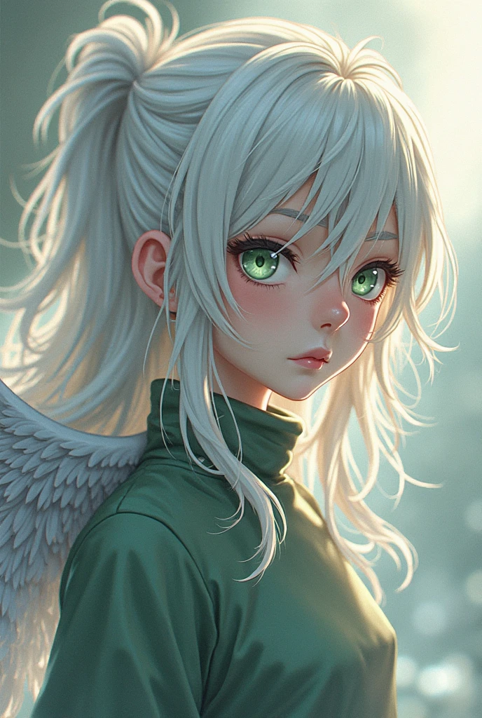 Boku no hero academia template, 18 year old boy, He has long white hair cut wolf cut, emerald green eyes, She has very marked freckles, She has a piercing in her nose and ears, Tall, thin, muscular body and has a tattoo on his neck, angel wings, he is wearing a black shirt that is tight to his body, highlighting his pectorals