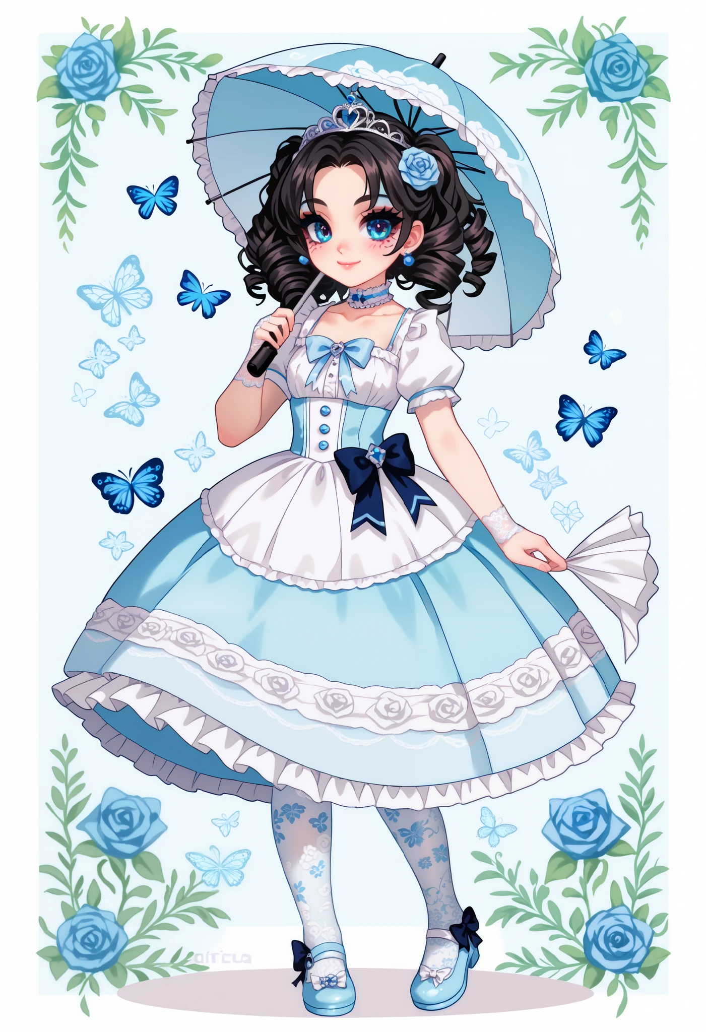 (cutecore, kawaiicore) 2000s (style), (virtual youtuber) (pastel colors), 1girl, medium length hair, curly hair, curled hair, curly bangs, ringlets, (drill hair, twin drills), dark beige hair, big eyes, pale whitish blue eyes, (jeweled_eyes), light makeup, thick eyeliner, mascara, petite, blush, full face blush, calm, smile, collarbone, holding, holding oversized object, (light aqua lace trimmed frilly parasol), holding (oversized aqua lace-trimmed frilly parasol), (ta_fashion, hime_loli light aqua and white (long layered frilly hime lolita_d), white attached puffy short sleeves, light blue (big chest ribbon), blue lace-trimmed waist ribbons, light blue and white (long attached frilly layered gown skirt), light blue ruffles, white frills, white lace, white lace trim, bows, light blue bows, hair ornaments, hair ribbons, white rose, (hair flower), light gold sparkly princess tiara, light jewelry, light blue sapphire earrings, blue silk choker, pearl necklace, white lace gloves, white lace embroidery print pantyhose, (print legwear), light blue mary janes shoes, light blue bows on ankles, (simple scenery, simple background), pastel light aqua floral themed background, patterned background, pastel floral print background, (surrounded by pastel flowers, butterflies)