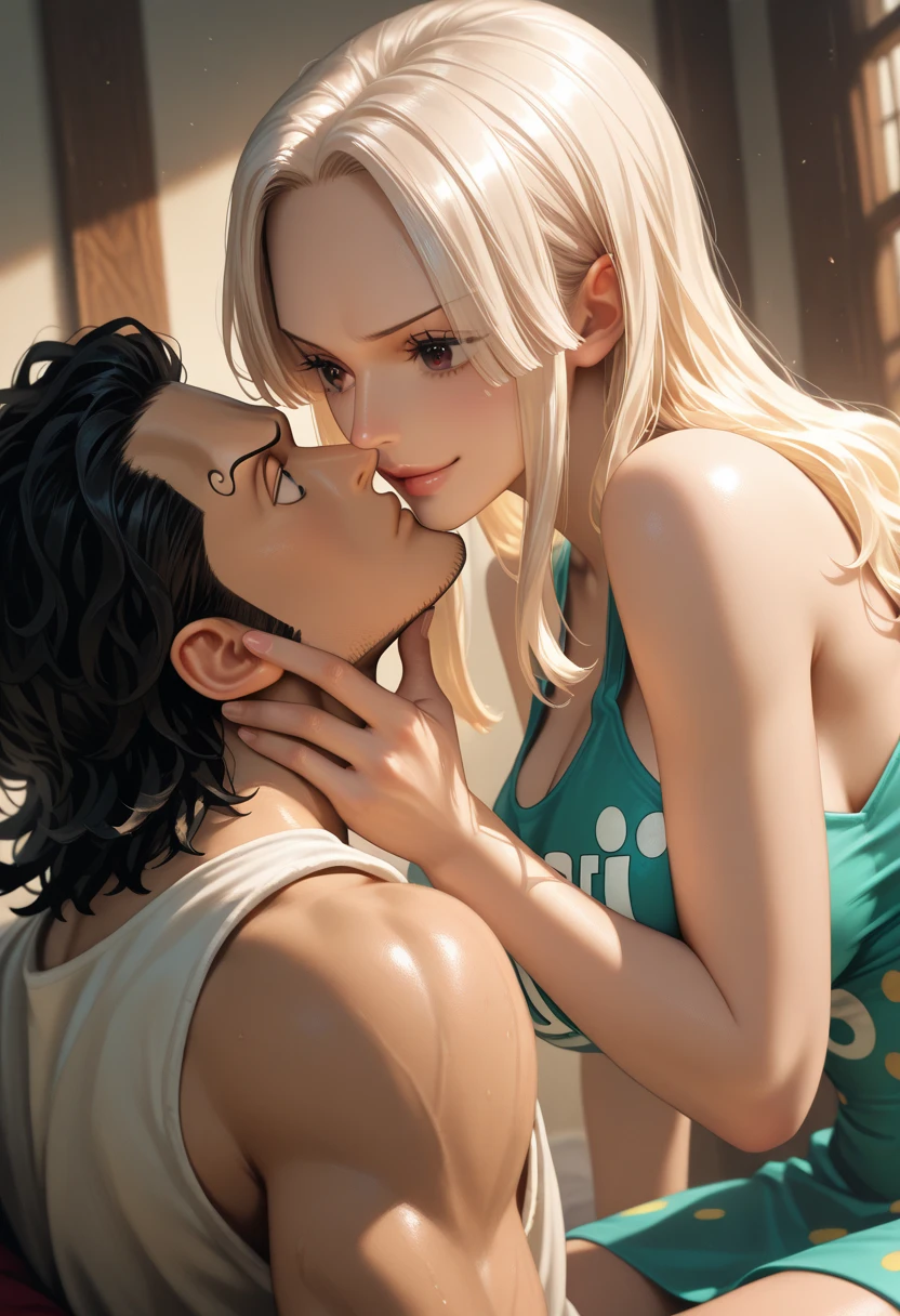 (masutepiece:1.5)、(top-quality:1.5)、(16k wallpaper:1.2)、(Photorealsitic:1.2)、(ultra-detailliert:1.2)、(超A high resolution:1.2)、(Highly detailed and realistic tanned brown skin:1.4)、(crowdedstreets)、(Couple sitting on a bench and kissing:1.3)、(Couple of men and women hugging each other:1.3)、Beautiful eyeshadow、mascara、Beautiful eyeliner、(Slender woman with body shape:1.3)、Natural Color Lip、(long blonde wavy hair covering one eye:1.2)、(Cebra print tube top shirt:1.5)、Smile with open mouth、(Tight Leather Mini Skirt、Knee High Leather Boots)、
