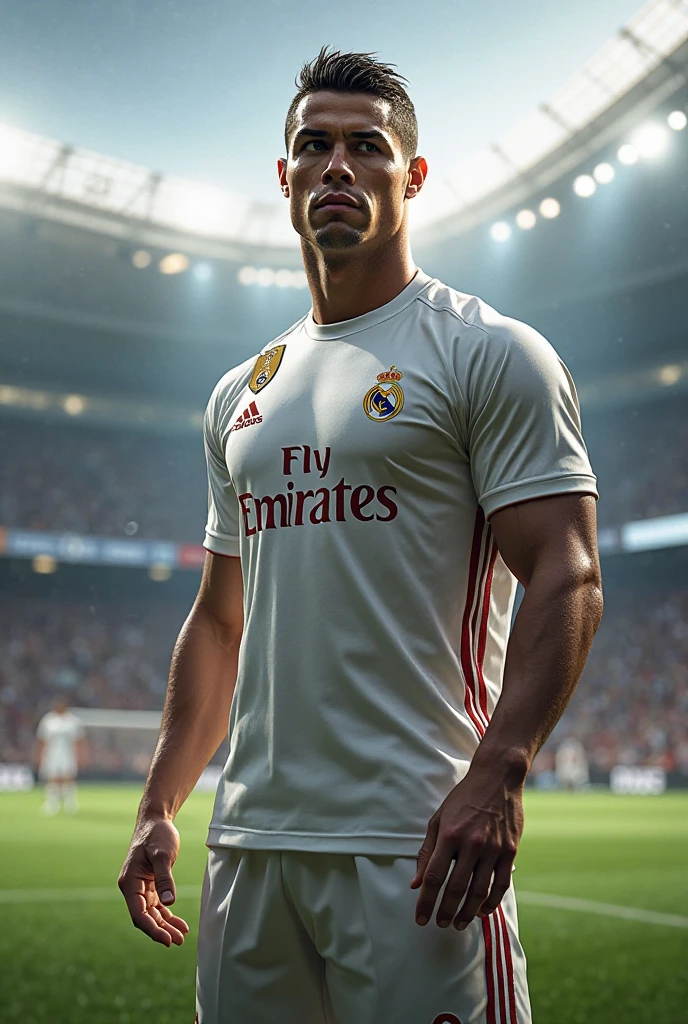 Brazilian gentleman, 25 years old, skin tanned,beautiful and elegant, wearing a Real Madrid uniform, masculine, photo by full body,(ultra details, photorrealistic, best quality, 4K, high resolution, Artwork:1.3), a mature man, charming and distinguished , (muscle building body), Accessories include a luxury wristwatch, muscle veins. real madrid shirt outfit, in front of a stadium. 