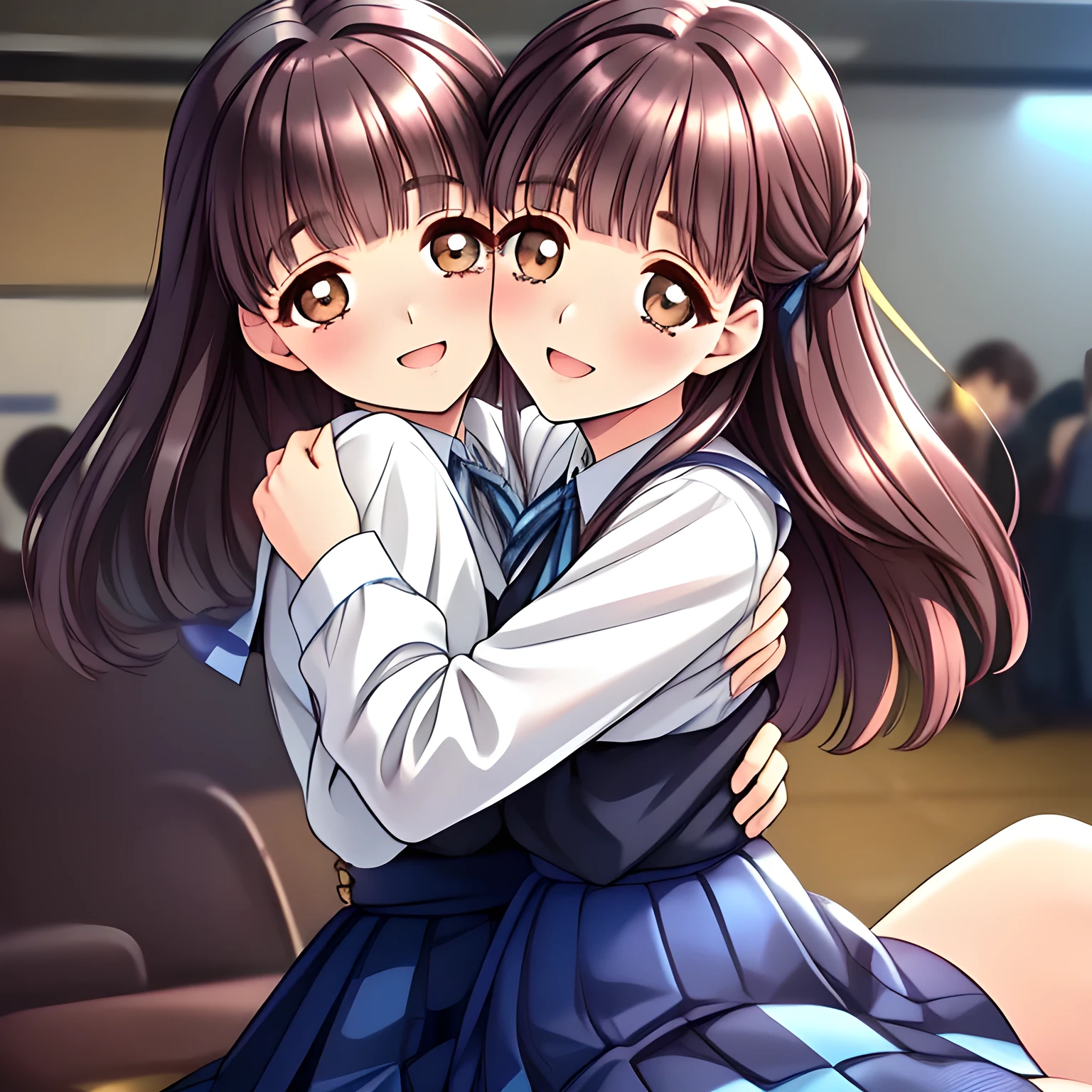 (highest quality, masterpiece:1.2), highest quality, High resolution, 1080p, 8K, (A 20yo beautiful pretty noble girl of (love-story comic heroines) is seated in a train cabin, hypnotizing me by their neat beauty, ((looking me up, and requesting me hug and kiss with highest laughter at the side)), (intelligent and perfectly balanced slender style), (long neck), neat & clean, in peace and neat lovely strong charm, cutely tilted head, 8), (Too noble beautiful lady like a love-story comic heroine), (laughing like watching a comedy), A very lovely, very noble, pretty and pure beautiful girls. ((neat innocent ears)), ((white grown face)), Using expensive whitening cosmetics by cosmetics artist: 1.2),  Glossy lips, (curled) bangs, (Too beautiful blue fascinating shiny (double-lidded) (brown eyes) with love to the viewer, ((deep upper girly eyelid)), ((huge eye pupils)), laughing with detailed clearly: 1.5), (Dark blue vest school uniform, (Neat smart (white school frilled blouse))): 1.8), (A very neat, ((realistic), (dark-blue) pleated blue school (beautifully checkered) skirt): 1.6), (too pretty shiny big (red realistic school ribbon tie)): 1.5), (Shiny love-story heroine lips, extremely laughing open mouth: 1.0), ((amazingly beautiful black bobbed wavy hair is blowing in the wind: 1.5)), (Hair Ribbon ties (black hair), The ribbon is big and very pretty), (Tight waist, slender: 1.5), (The background is (plain black space) to emphasize their fascination: 1.8), (The lady knows well about the viewer's super fetishism for school uniforms, and satisfies it completely in the viewer's lewd dream: 1.7), (Gorgeous atmosphere In a train limited for beautiful girls bound for girl's school directly early in the morning: 1.5), (Everything is organized to have strong effect of hypnosis for the viewer to fall into happy dream with many beautiful girls: 1.5), (The viewer must be transferred to the world of only beautiful girls right now when he sees the eyes of girls in this picture: 2)
