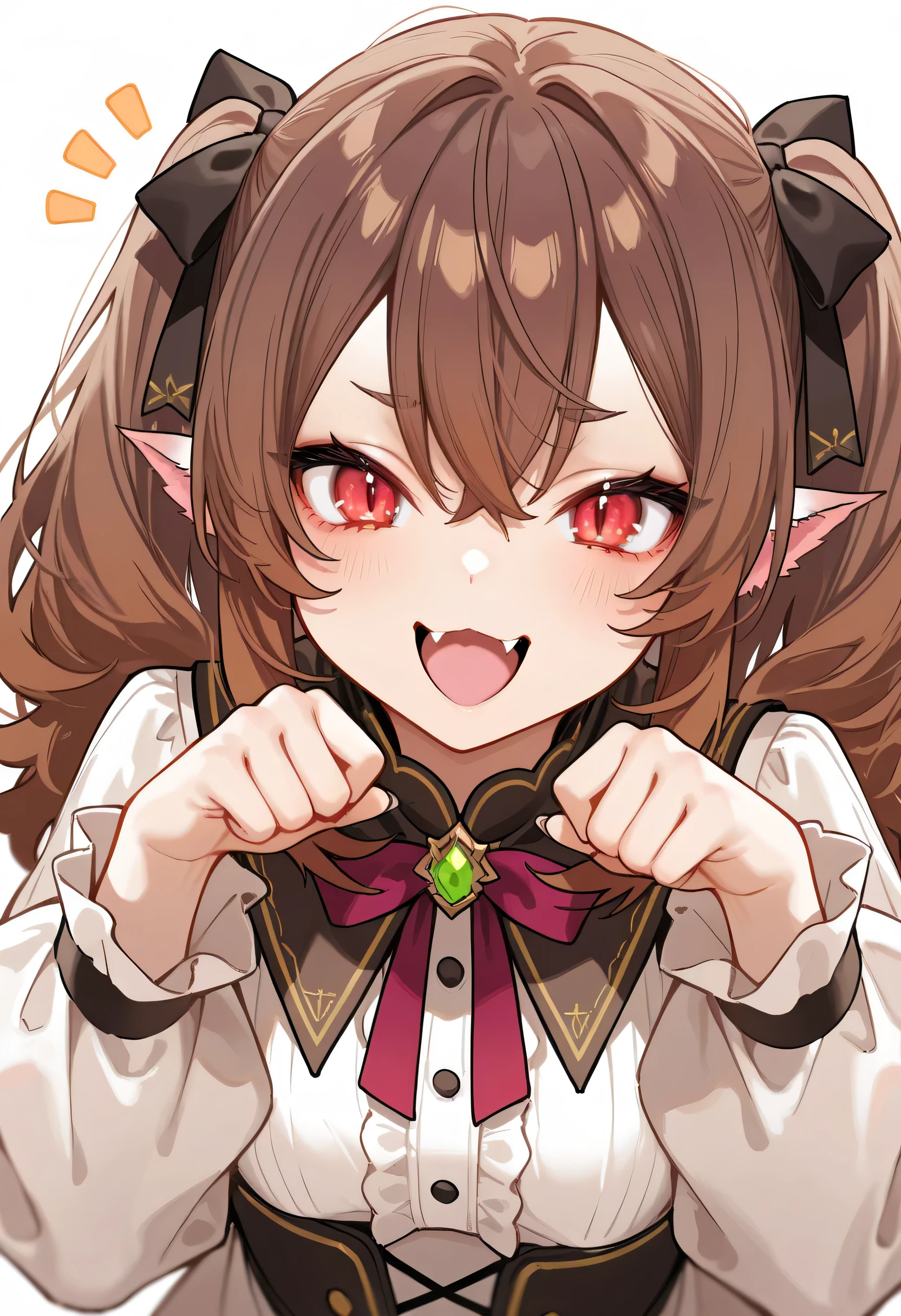 aruhshura, brown hair, red eyes, sharp ears, ribbon, playful expression, "gao" pose, cute fangs, dynamic pose, fluffy hair, fantasy setting, vibrant colors, solo