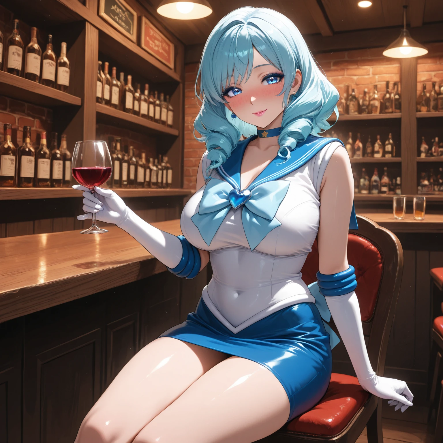 One girl, Solo, Side top double tails, Very long twin tails, Blue hair, Staring at you, Bright blue eyes, Blue pupils, Red lips, Large breasts, Ball shaped breasts, Cleavage, Tight waist, Kind face, Beautiful Japanese woman, Five fingers, Reality, Full body, Bunny headband, Wearing a white leotard and serving at a bar