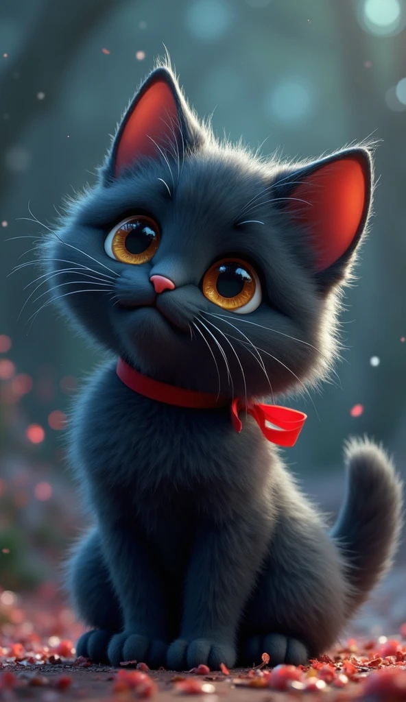 Fantastic Night World 、cute fluffy black cat、
red ribbon on the tail、
 cartoon 、3D Animation