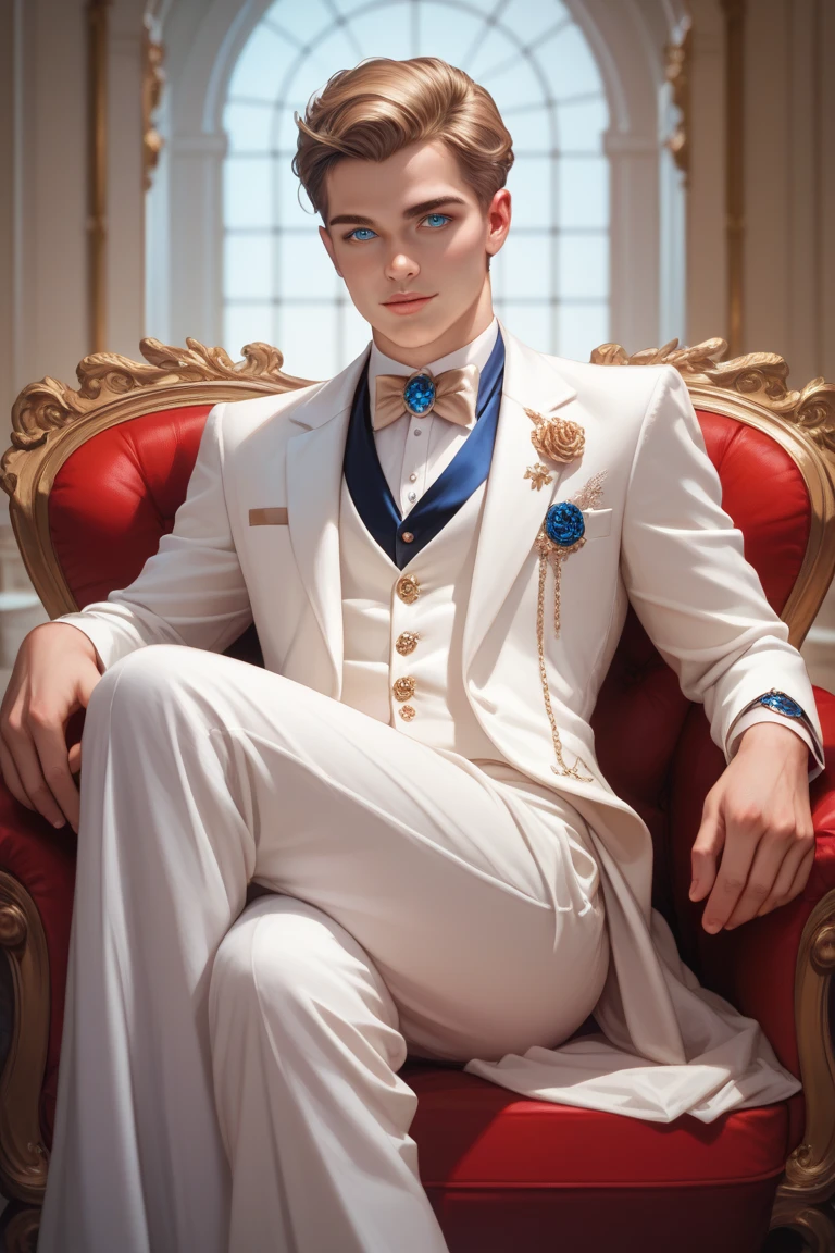 handsome man, wizard, white suit, blue cape trimmed with gold, blue eyes, blonde hair, golden ring, intimidating facial expression and pose, sitting on a chair, mansion study background, character portrait, anime victorian style