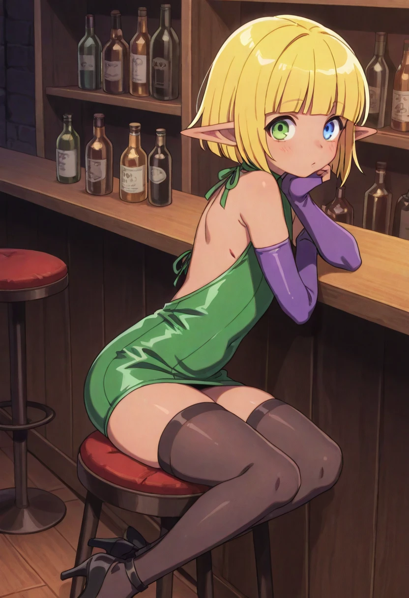 Flat chest, , blonde hair, big green eyes, low ponytail, parted bangs, (shiny skin:1.2), classroom, tight clothes, wide hips, thighs, full body, short shorts, (masterpiece:1), (abundant detail:1), arched back, elf ears