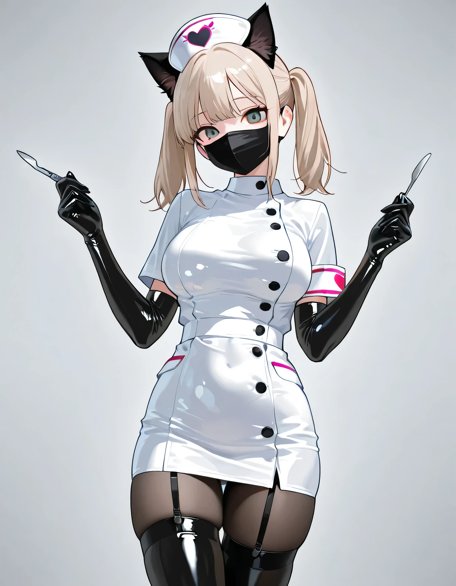 white tight mini skirt nurse clothes, black mask, black stockings, black gloves ,latex , scalpel,cat ears,