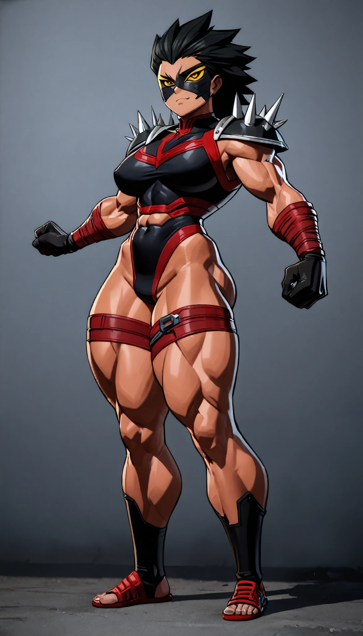 (Masterpiece, grey background:1.2) full body standing straight symmetrical looking to the viewer, view from below, far shot, cow boy shot, purple skin, drow, elf, 1girl, mature, purple eyes, pinched eyes, short silver white hair cut (yellow tiger bikini print long sleeves and long stockings) abs, navel, big knockers, tatter rags, leather choker, chain collar, stomach tattoo (red tattoo) hands on hips, wide hips, thick thighs, metal sandals
