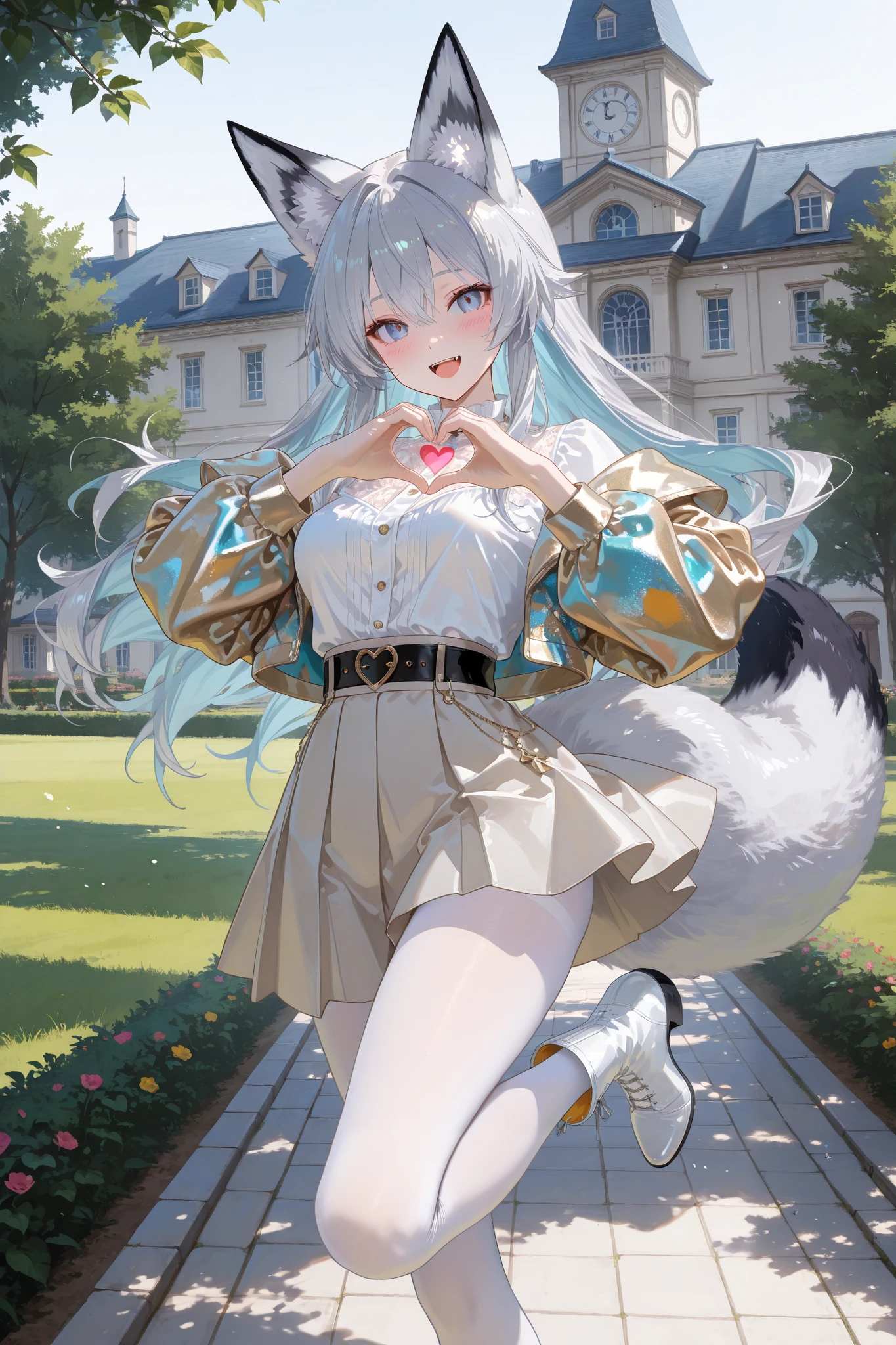 masterpiece, best quality, amazing quality, very aesthetic, high resolution, ultra-detailed, absurdres, newest, 
outdoors, country mansion, fancy celebration,  
1woman, 18 years old, (silver-blue eyes), silver long hair, silverwhite fox ears, silverwhite fox tail, medium breasts, white blouse, darkgrey skirt, white tights, white boots, standing on one leg, cute pose, (fancy jacket), (pale skin), (blush), mouth open, :D, happy smile, (heart-hands), floating hearts, (1animal_arctic_fox:1.1)
BREAK
masterpiece, best quality, amazing quality, very aesthetic, high resolution, ultra-detailed, absurdres, newest, high-contrast, vivid colors, ultradetailed, HDR, intricate rendering, dramatic contrast, professional illustration, sharp shading, 8k resolution, breathtaking visuals, 8k, ultra high definition, volumetric lighting, dappled light, captivating visuals, crisp lines, sharp contrast, dark shadows, 748cmstyle, usnr, 