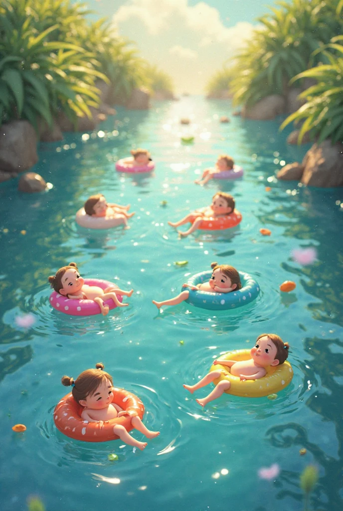 Boys and girls playing in the water, yellow swimming ring, bubble mart, blind box, 3D, C4D rendering, medium view, far view, summer, have fun --auto --s2