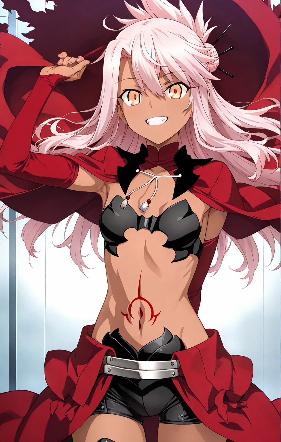 zero two \(darling on franxx\), darling on franxx, 1girl, fringe, bite, from behind, lying down, bed, shadow, green eyes, horns, long hair, looking at the viewer, small breasts, big ass, makeup, red bodysuit, pink hair, red eyeshadow, tight skin, solo